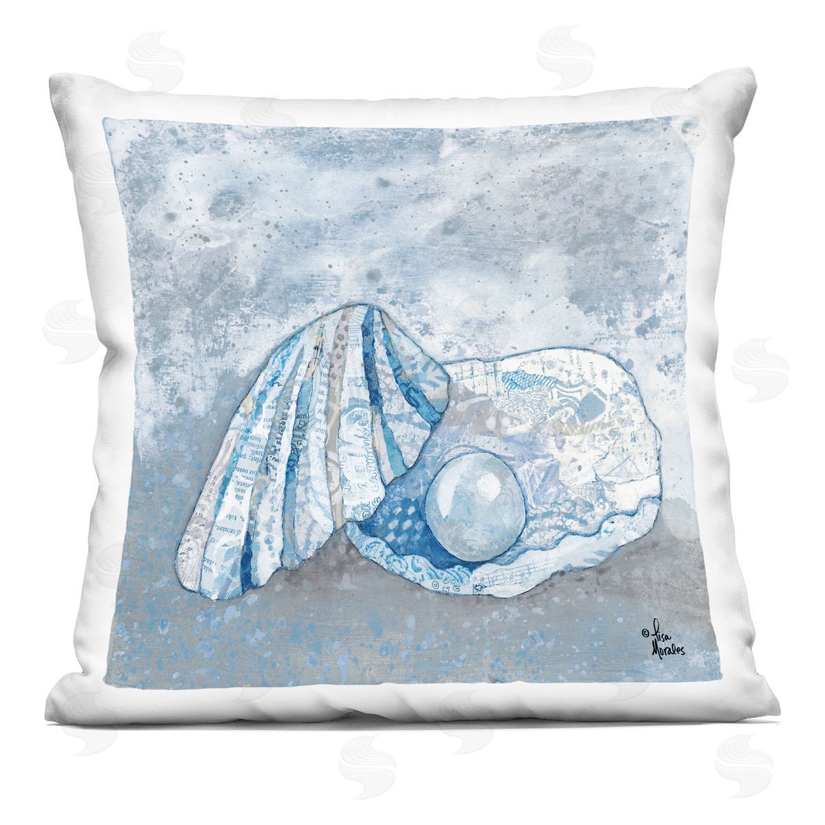 Collage Patterned Clamshell Nautical Pearl Design Decorative Printed Pillow, Home Decor by Lisa Morales