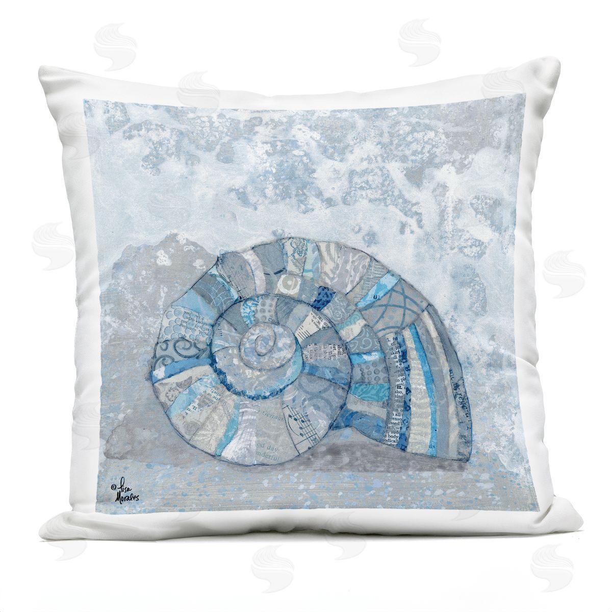 Collage Patterned Blue Nautical Spiral Seashell Outdoor Printed Pillow, Home Decor by Lisa Morales