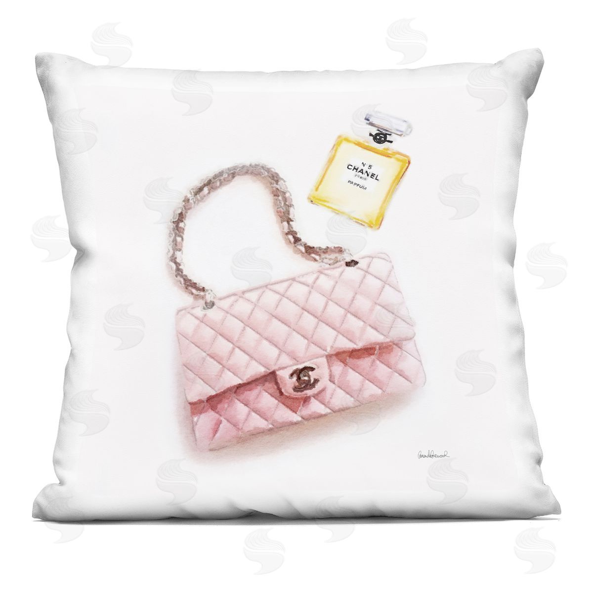 Trendy Pink Glam Fashion Purse Perfume Decorative Printed Pillow, Home Decor by Amanda Greenwood
