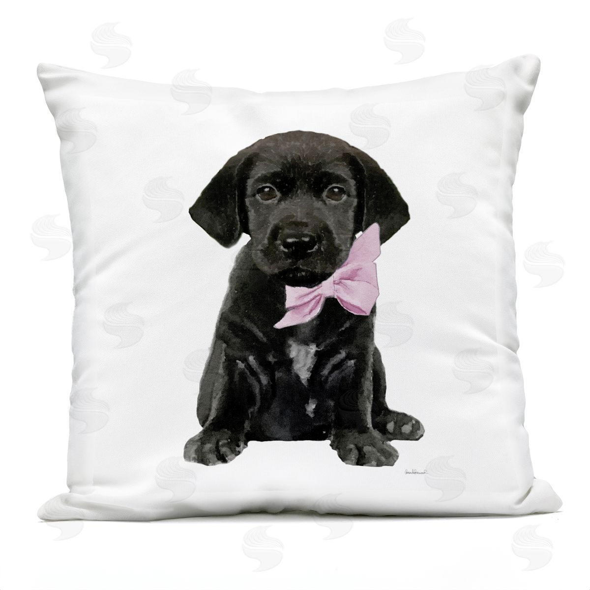 Black Puppy Pink Glam Bow Pet Portrait Outdoor Printed Pillow, Home Decor by Amanda Greenwood