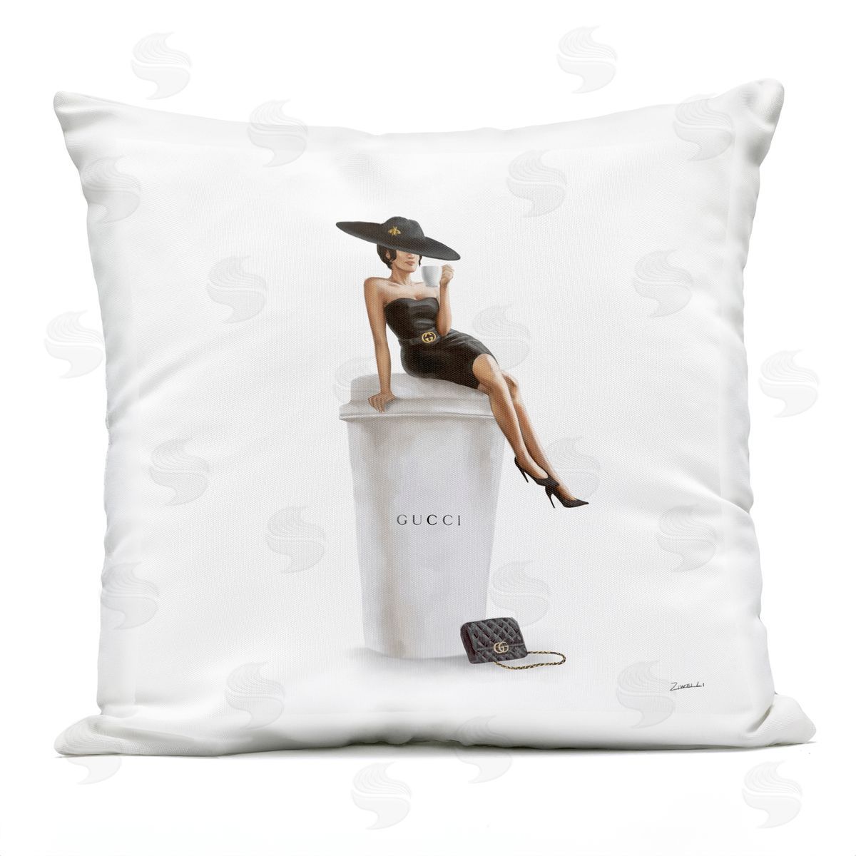 Stylish Fashion Woman Pose Glam Coffee Cup Outdoor Printed Pillow, Home Decor by Ziwei Li