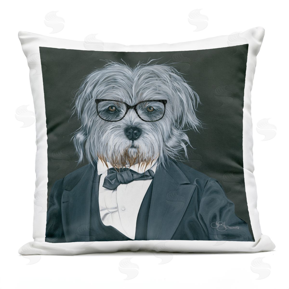 Formal Dog Wearing Menswear Suit Glasses Portrait Outdoor Printed Pillow, Home Decor by Hollihocks Art