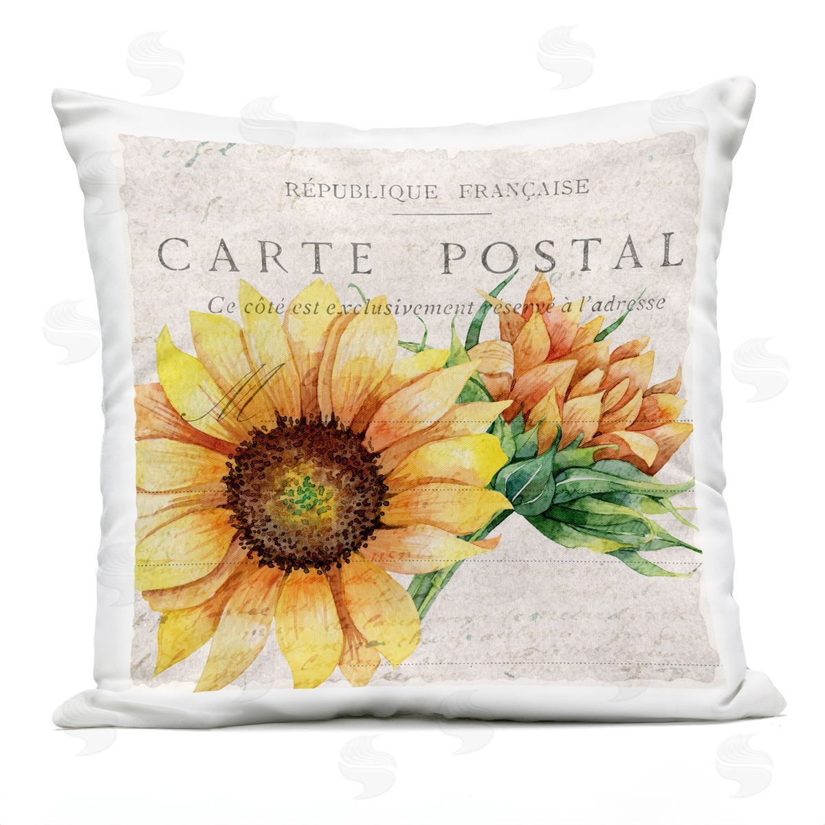Vintage French Words Sunflower Floral Calligraphy Outdoor Printed Pillow, Home Decor by Kim Allen