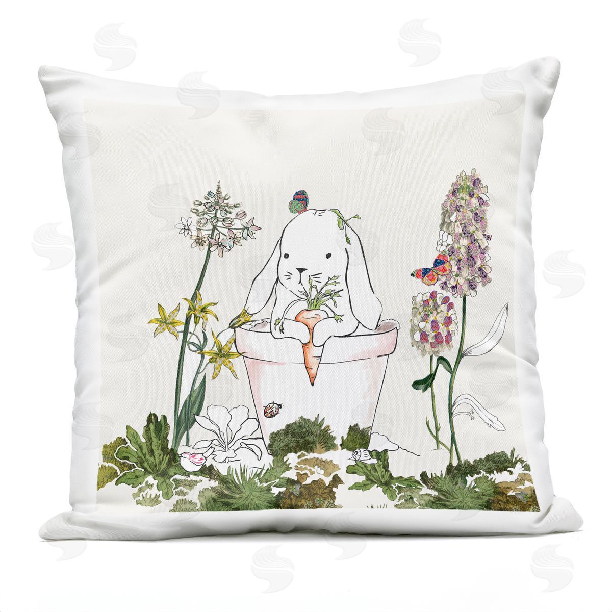 Bunny Flower Pot Botanical Lilac Floral Blooms Outdoor Printed Pillow, Home Decor by Sangita Bachelet