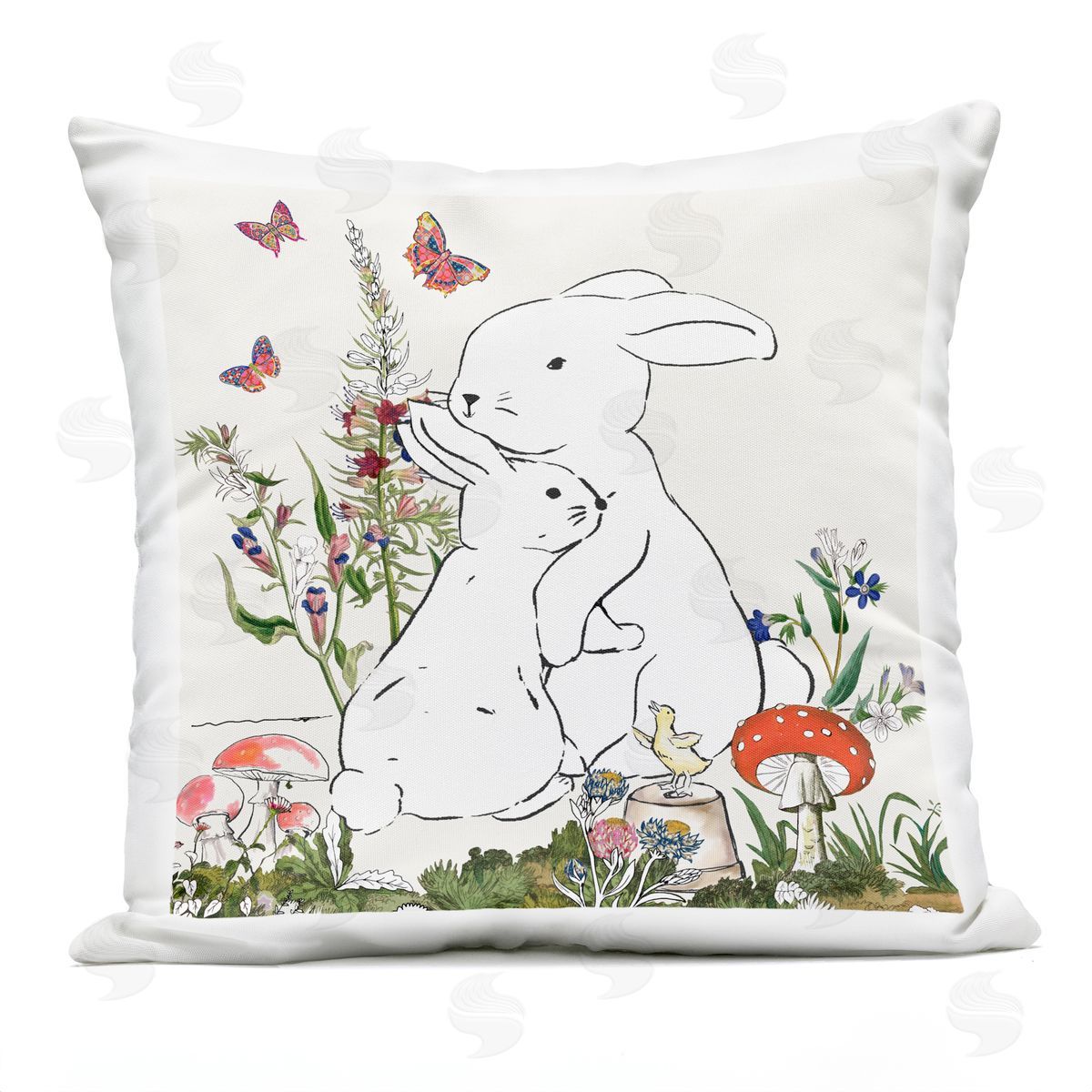 Rabbit Hugs Spring Flower Meadow Butterfly Garden Outdoor Printed Pillow, Home Decor by Sangita Bachelet