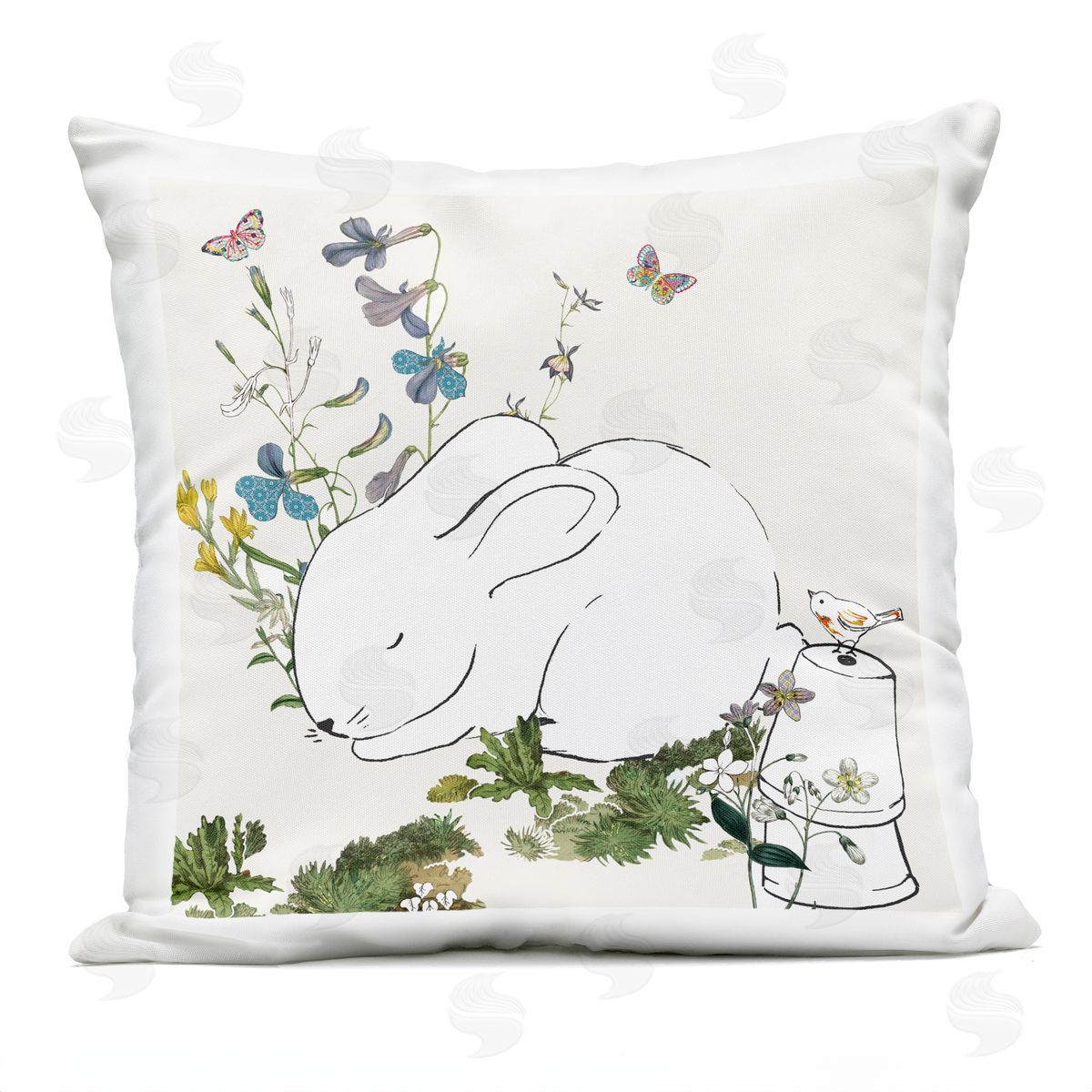 Sleeping Bunny Rabbit Floral Butterfly Garden Outdoor Printed Pillow, Home Decor by Sangita Bachelet