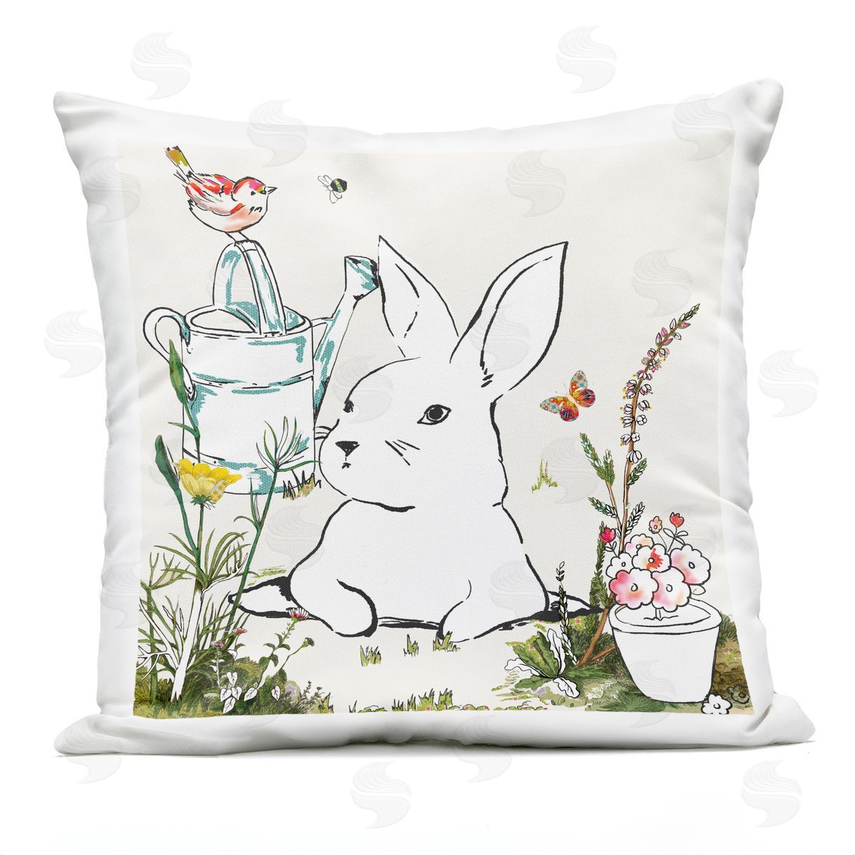 Curious Bunny Rabbit Floral Bird Perched Outdoor Printed Pillow, Home Decor by Sangita Bachelet