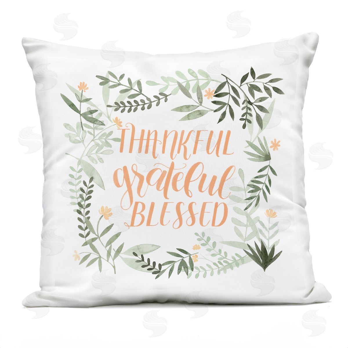 Thankful Grateful Blessed Calligraphy Botanical Phrase Outdoor Printed Pillow, Home Decor by Grace Popp