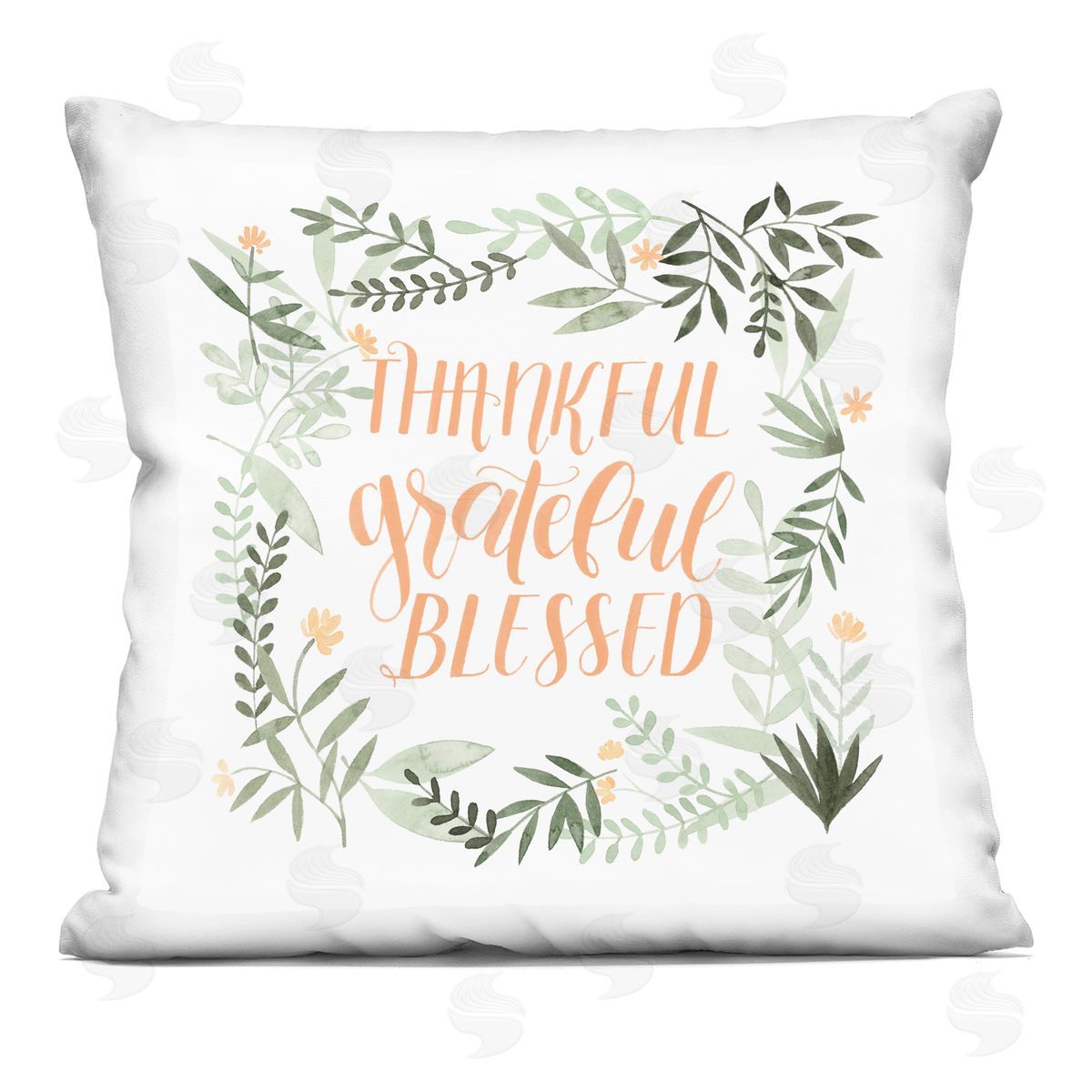 Thankful Grateful Blessed Calligraphy Botanical Phrase Decorative Printed Pillow, Home Decor by Grace Popp