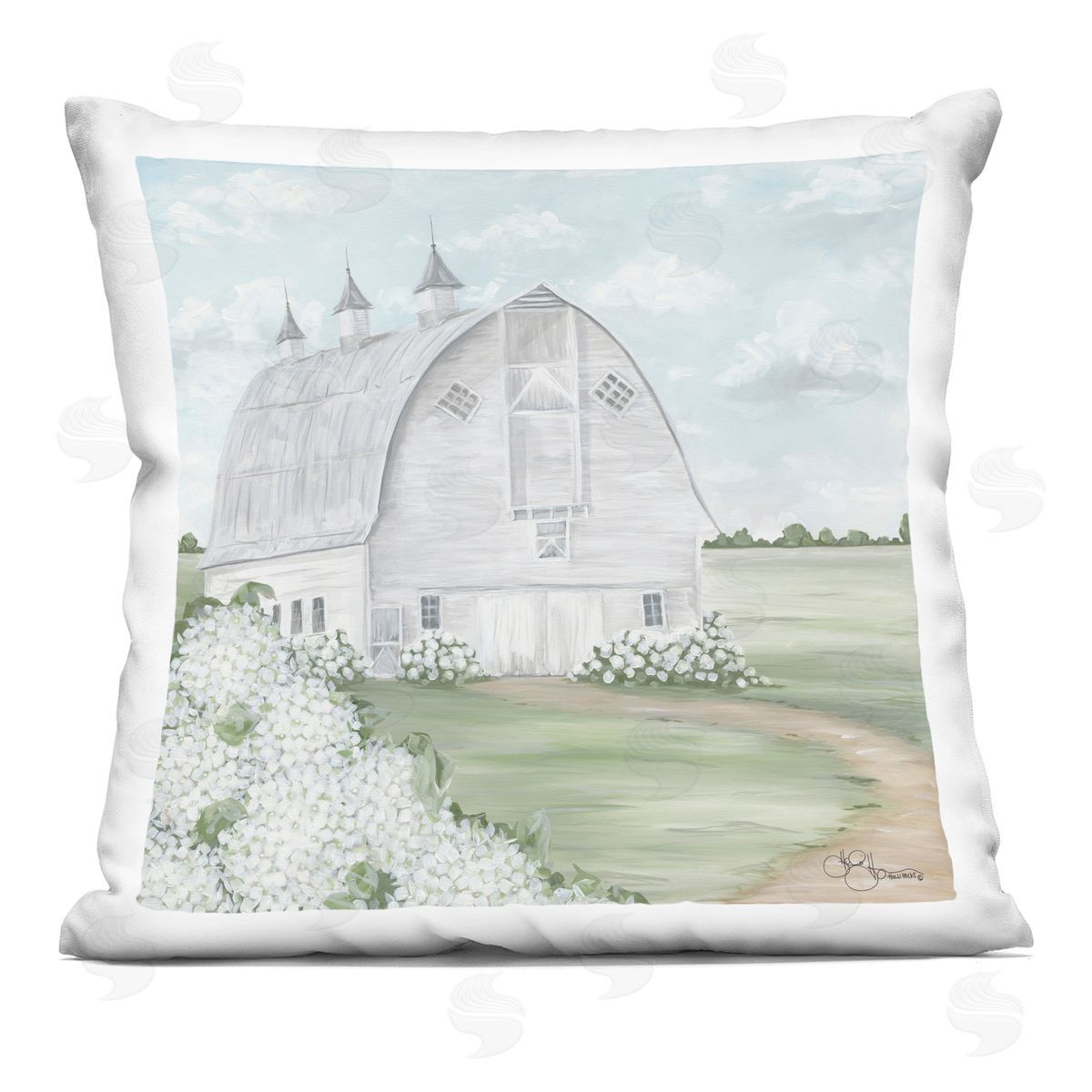 White Country Barn Landscape Soft Hydrangeas Decorative Printed Pillow, Home Decor by Hollihocks Art