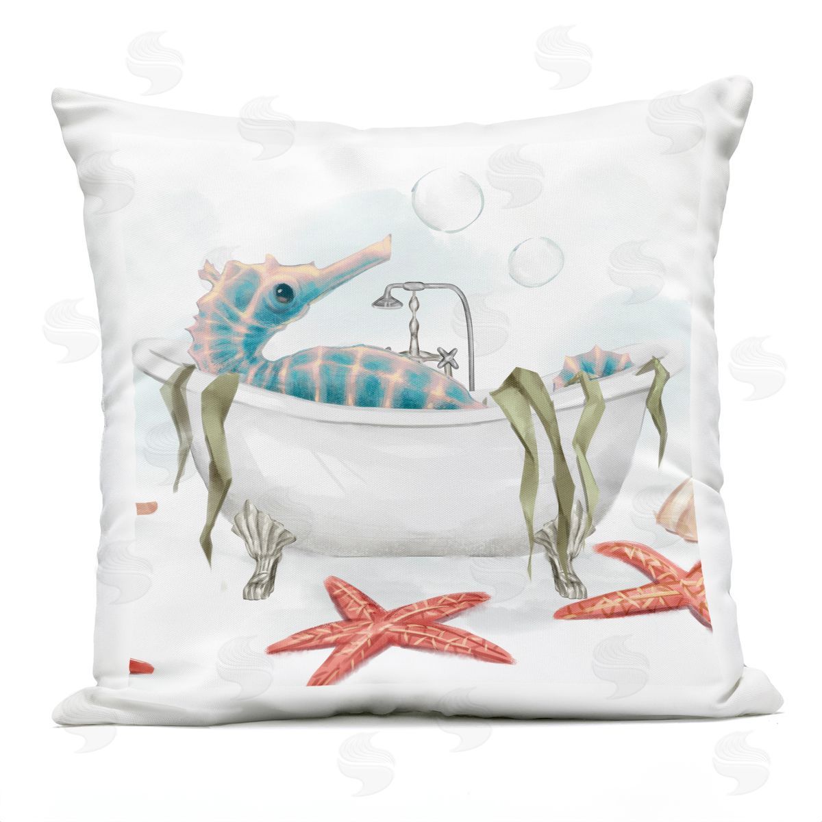 Vivid Blue Seahorse Nautical Bathtub Bubble Outdoor Printed Pillow, Home Decor by Ziwei Li
