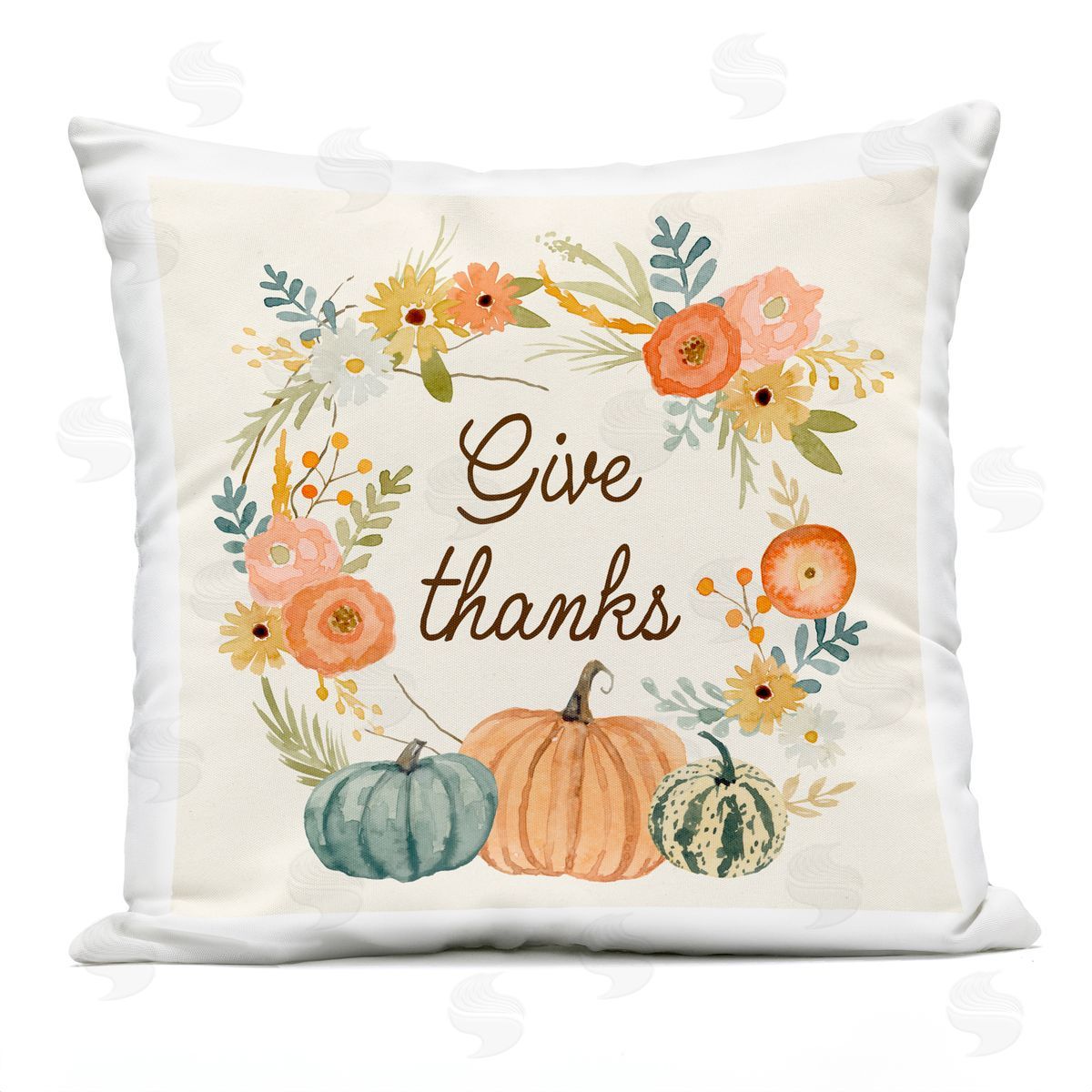 Give Thanks Orange Pumpkin Flower Wreath Sentiment Outdoor Printed Pillow, Home Decor by Victoria Barnes