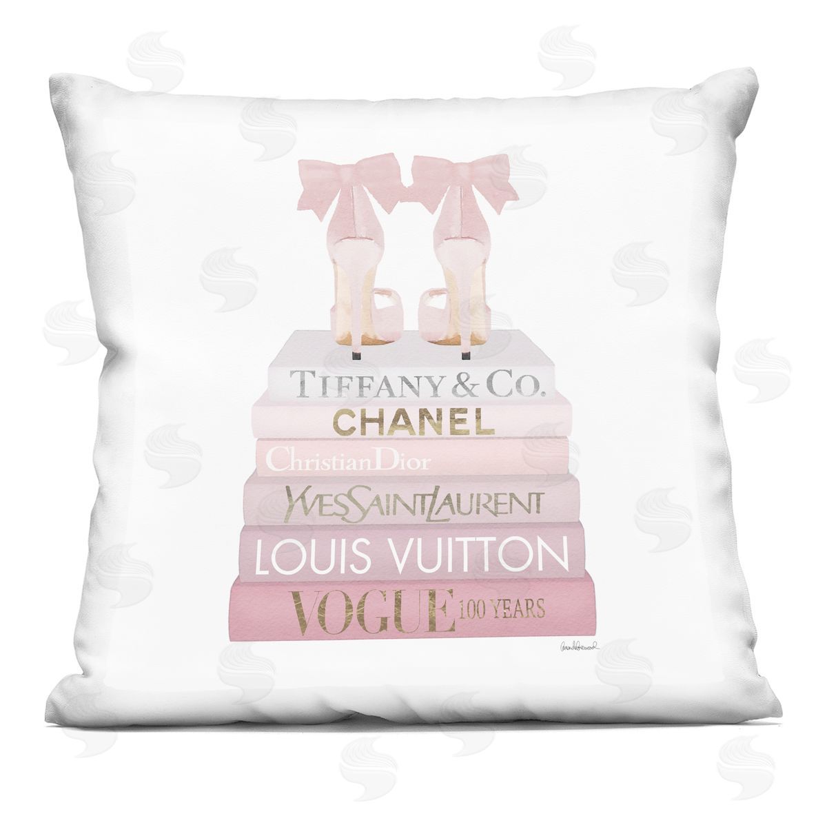 Pastel Pink Bow Heels Glam Fashion Bookstack Decorative Printed Pillow, Home Decor by Amanda Greenwood