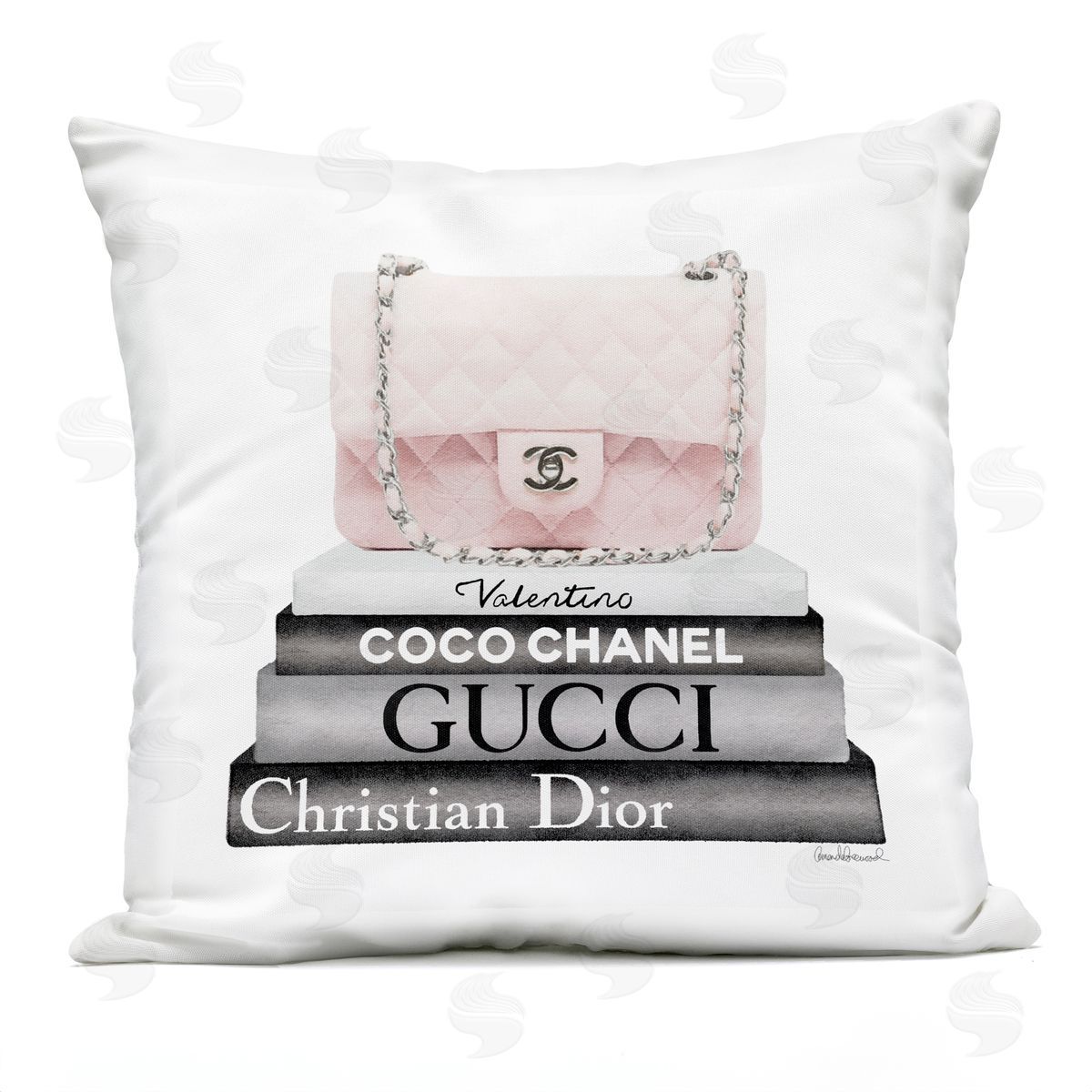 Pastel Pink Designer Purse Glam Bookstack Outdoor Printed Pillow, Home Decor by Amanda Greenwood