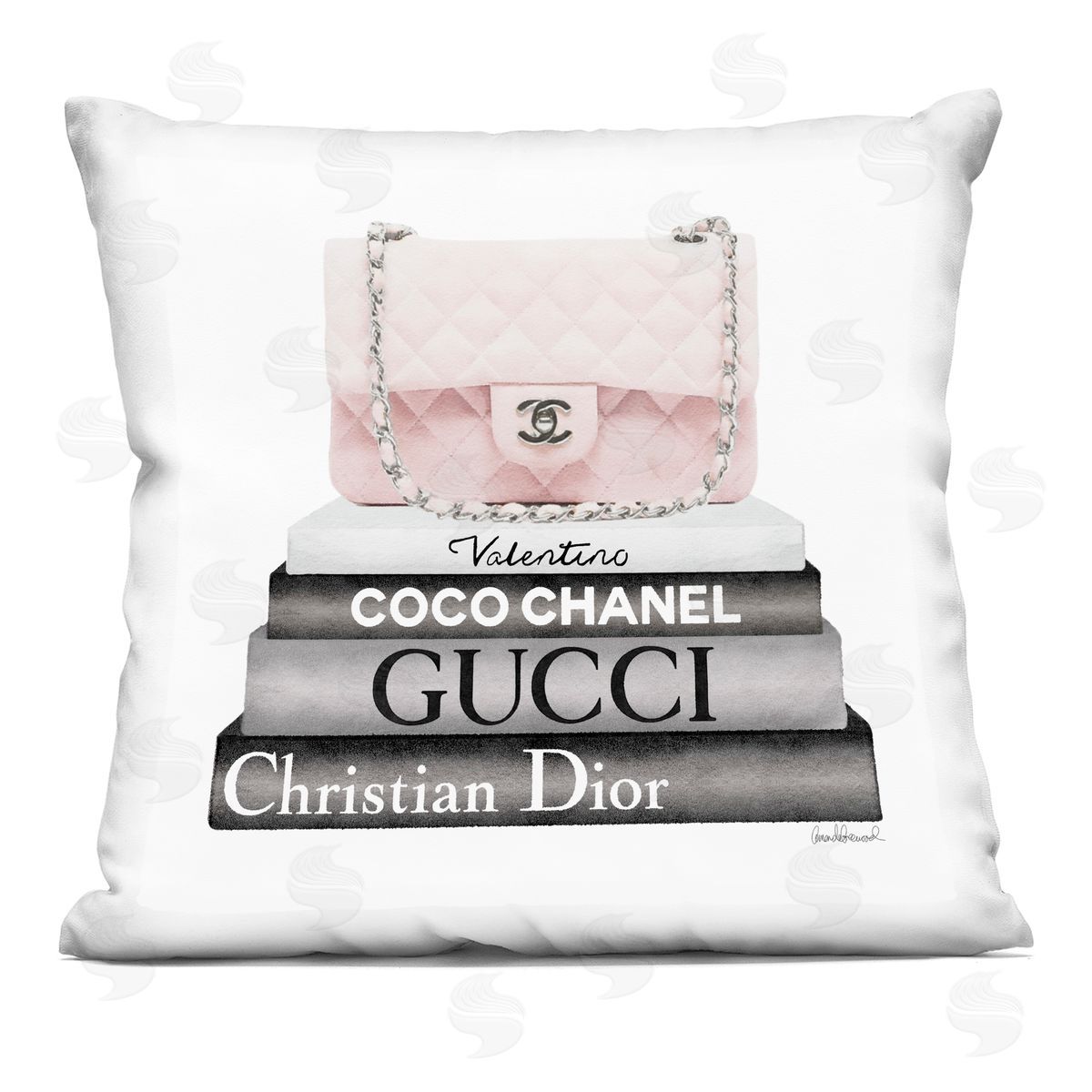 Pastel Pink Designer Purse Glam Bookstack Decorative Printed Pillow, Home Decor by Amanda Greenwood