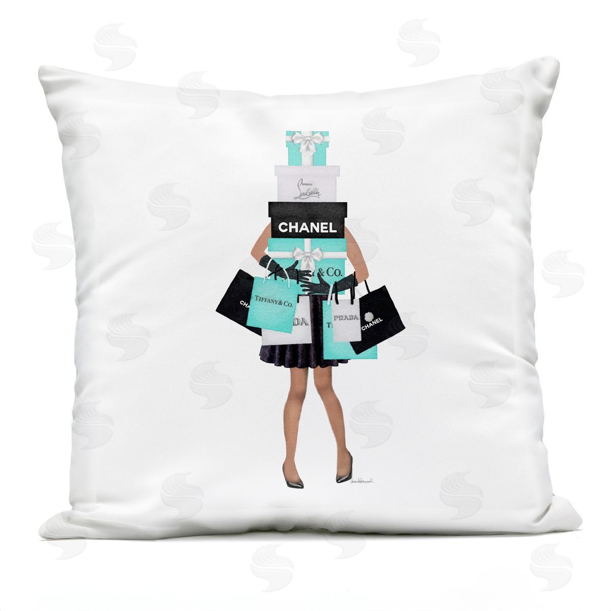 Fashionista Woman Shopping Designer Glam Bags Outdoor Printed Pillow, Home Decor by Amanda Greenwood