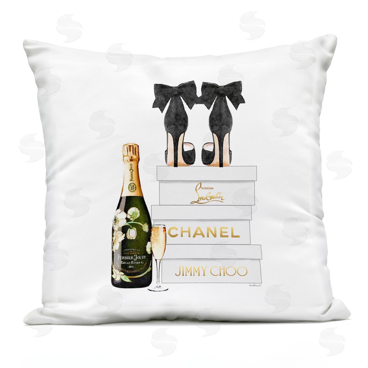Bubbly Champagne Black Glam Bow Shoes Outdoor Printed Pillow, Home Decor by Amanda Greenwood