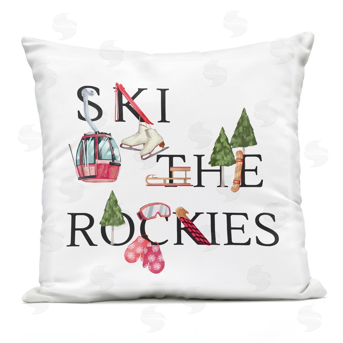 Ski The Rockies Seasonal Winter Sports Typography Outdoor Printed Pillow, Home Decor by Ziwei Li