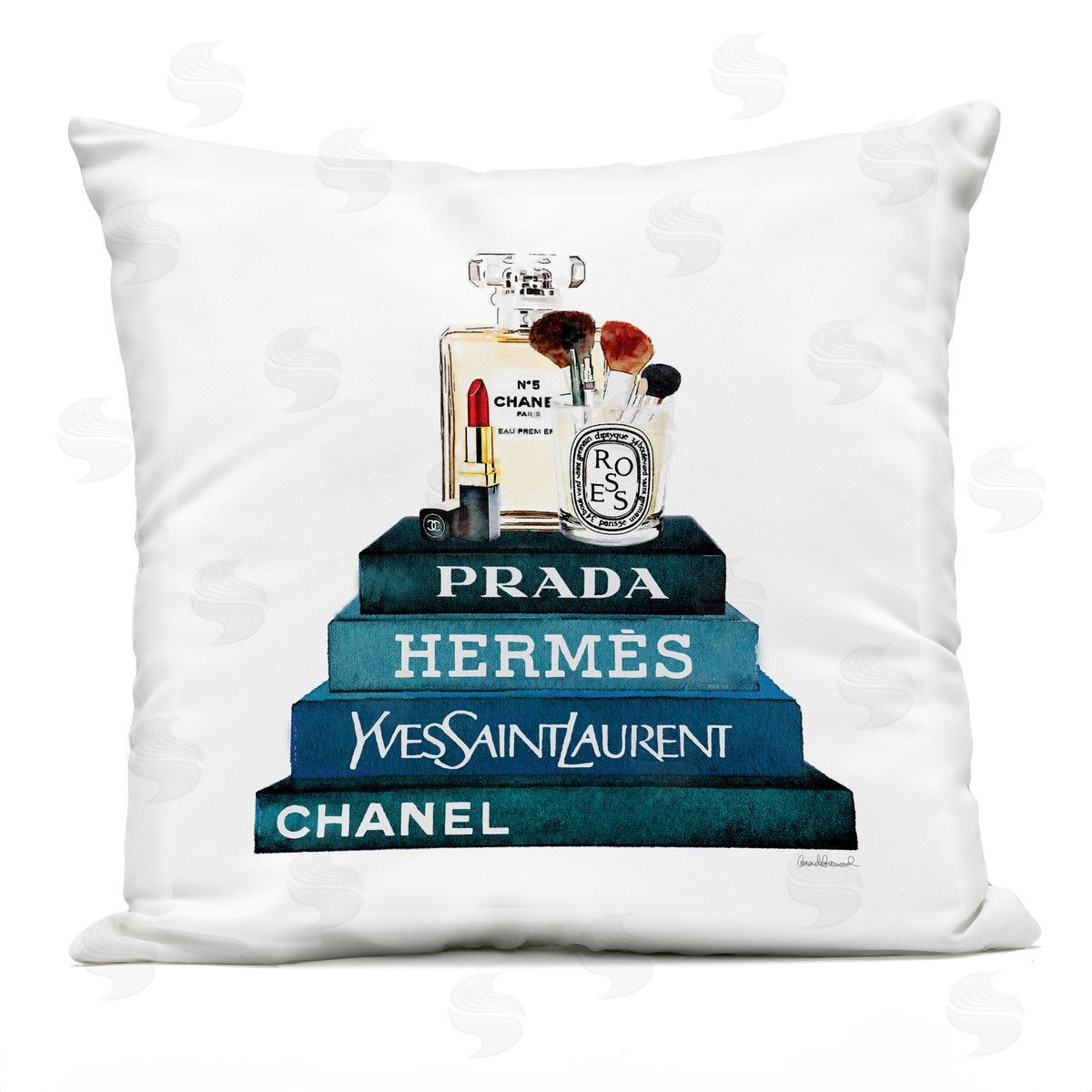 Blue Fashion Makeup Accessories On Glam Books Outdoor Printed Pillow, Home Decor by Amanda Greenwood