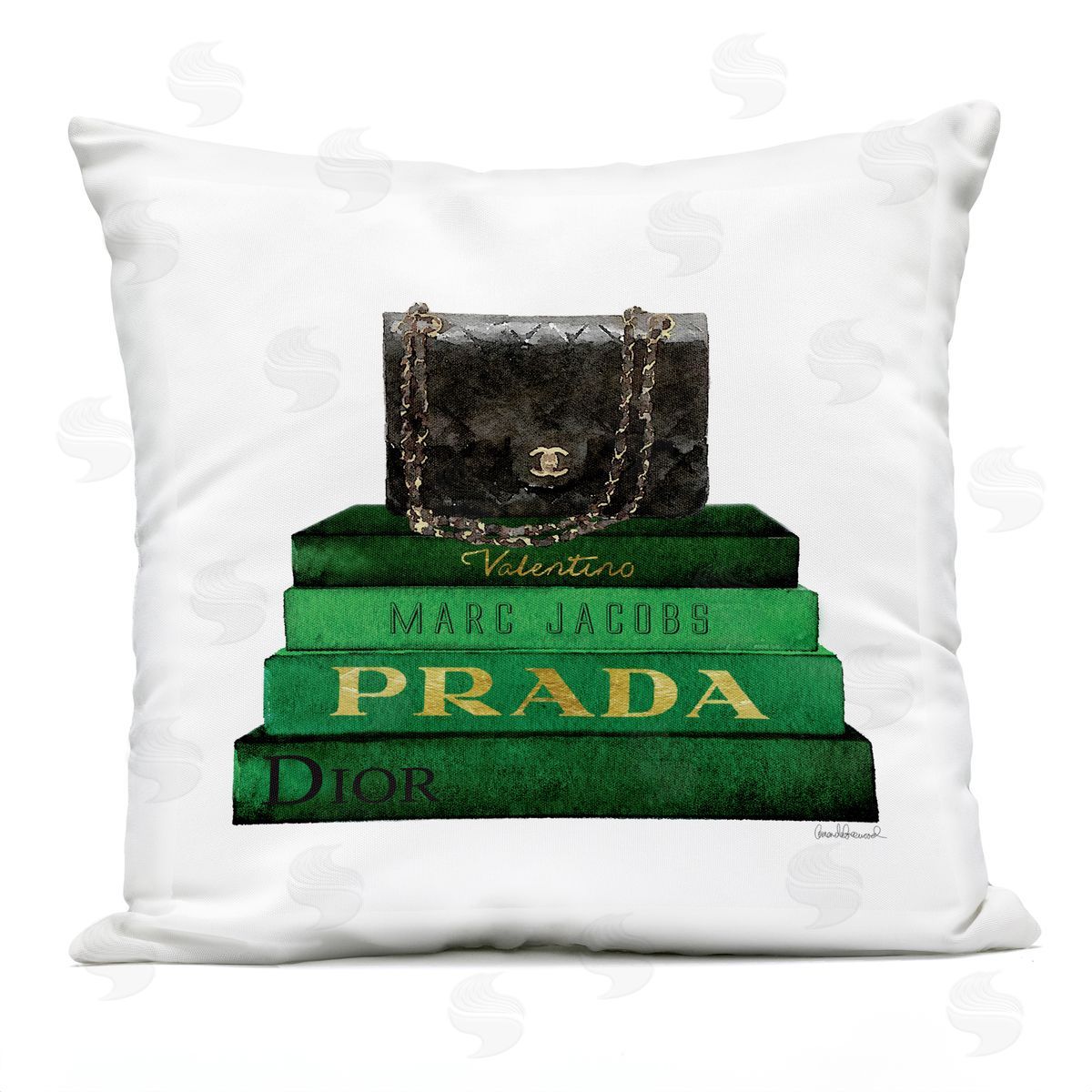 Green Fashion Designer Books Black Stylish Purse Outdoor Printed Pillow, Home Decor by Amanda Greenwood
