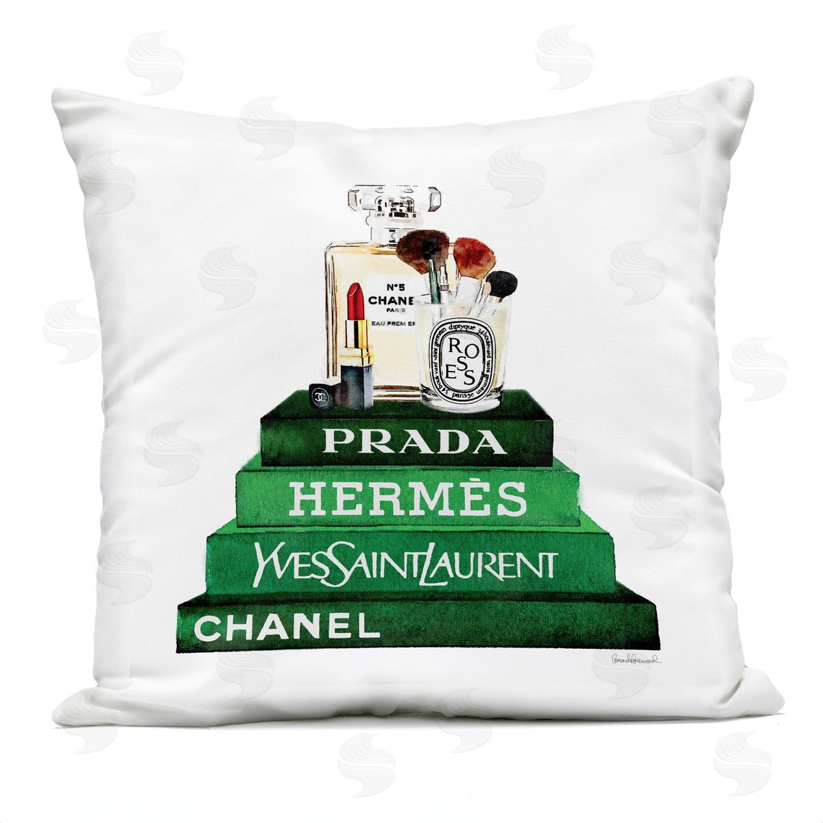 Makeup Cosmetics Atop Glam Brand Bookstack Outdoor Printed Pillow, Home Decor by Amanda Greenwood