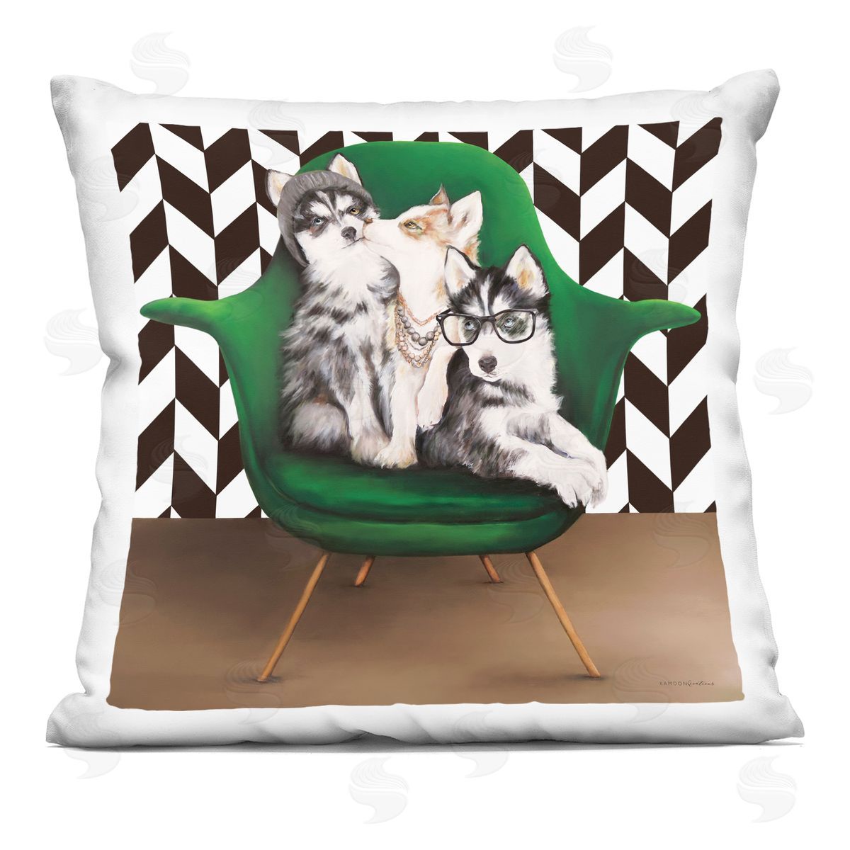 Hipster Dogs Green Mod Chair Chevron Pattern Decorative Printed Pillow, Home Decor by Kamdon Kreations