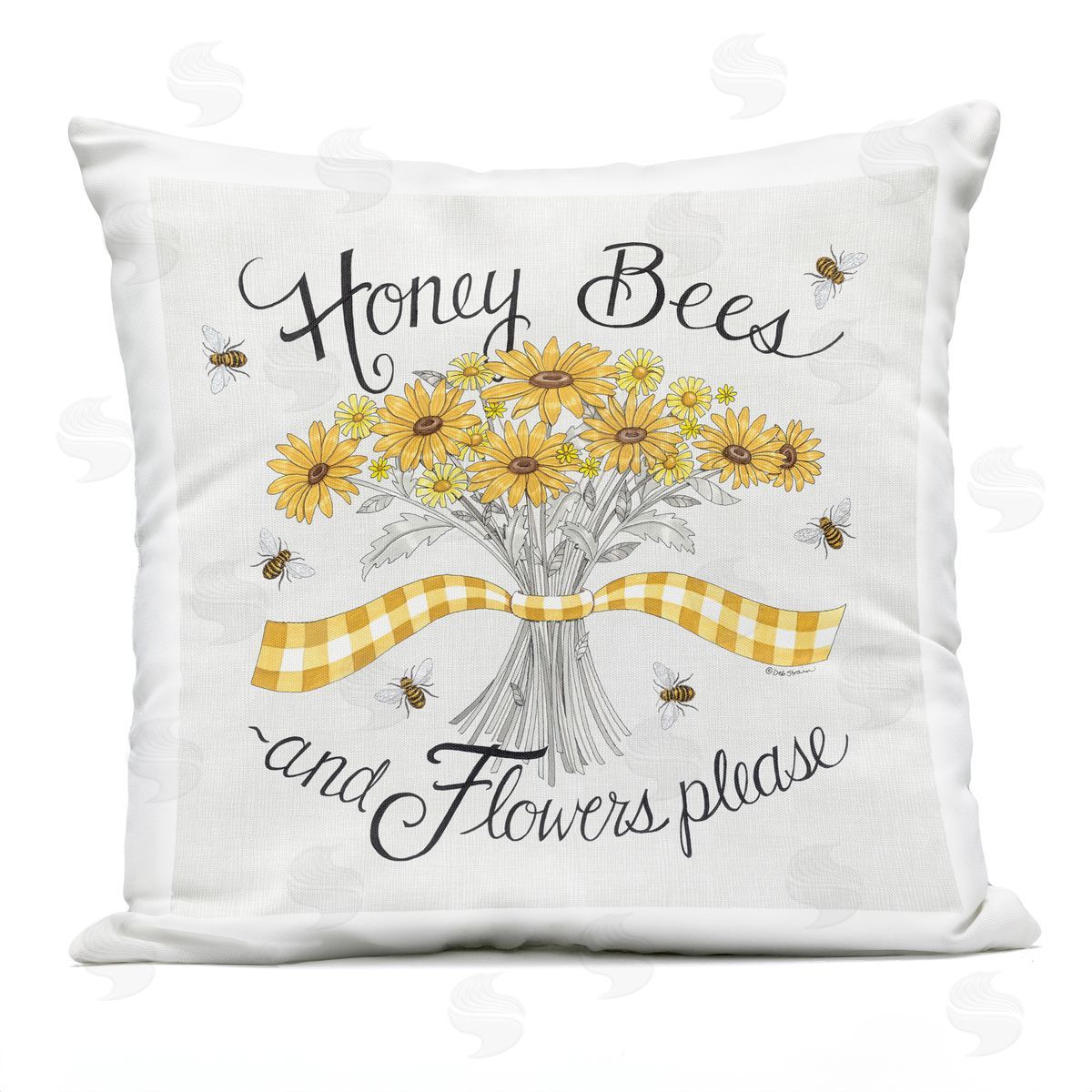 Honey Bees & Flowers Please Vintage Yellow Daisies Outdoor Printed Pillow, Home Decor by Deb Strain