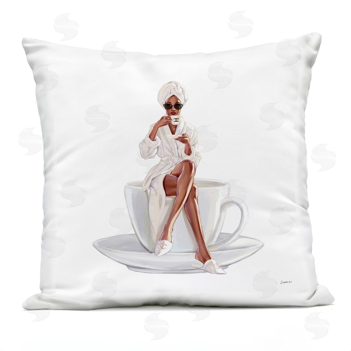 Trendy Coffee Cup Woman Outdoor Printed Pillow, Home Decor by Ziwei Li