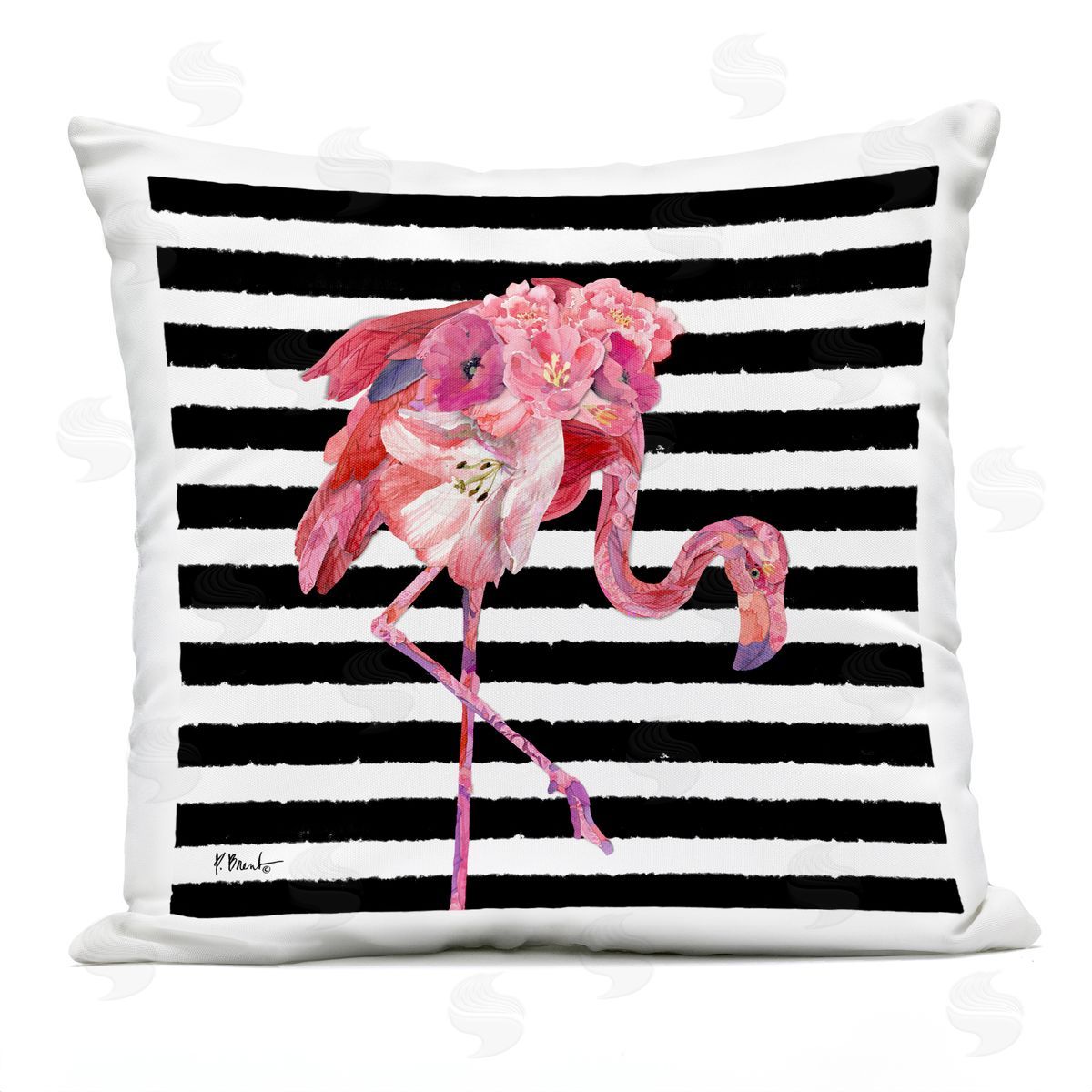 Floral Flamingo Bold Stripes Outdoor Printed Pillow, Home Decor by Paul Brent
