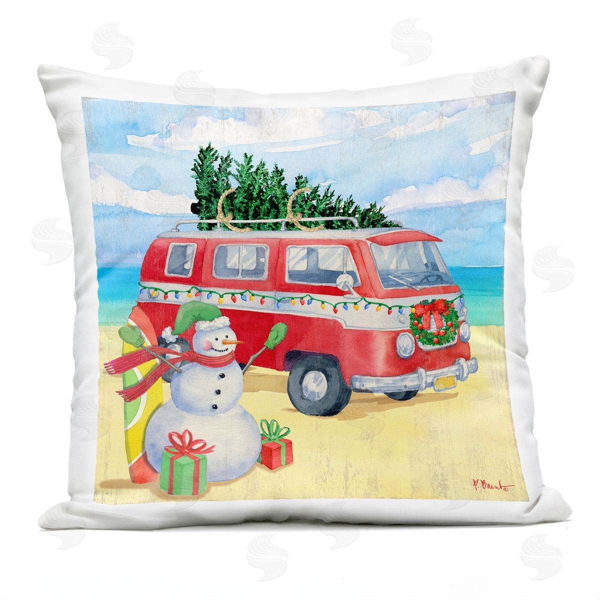 Holiday Christmas Beach Van Outdoor Printed Pillow, Home Decor by Paul Brent