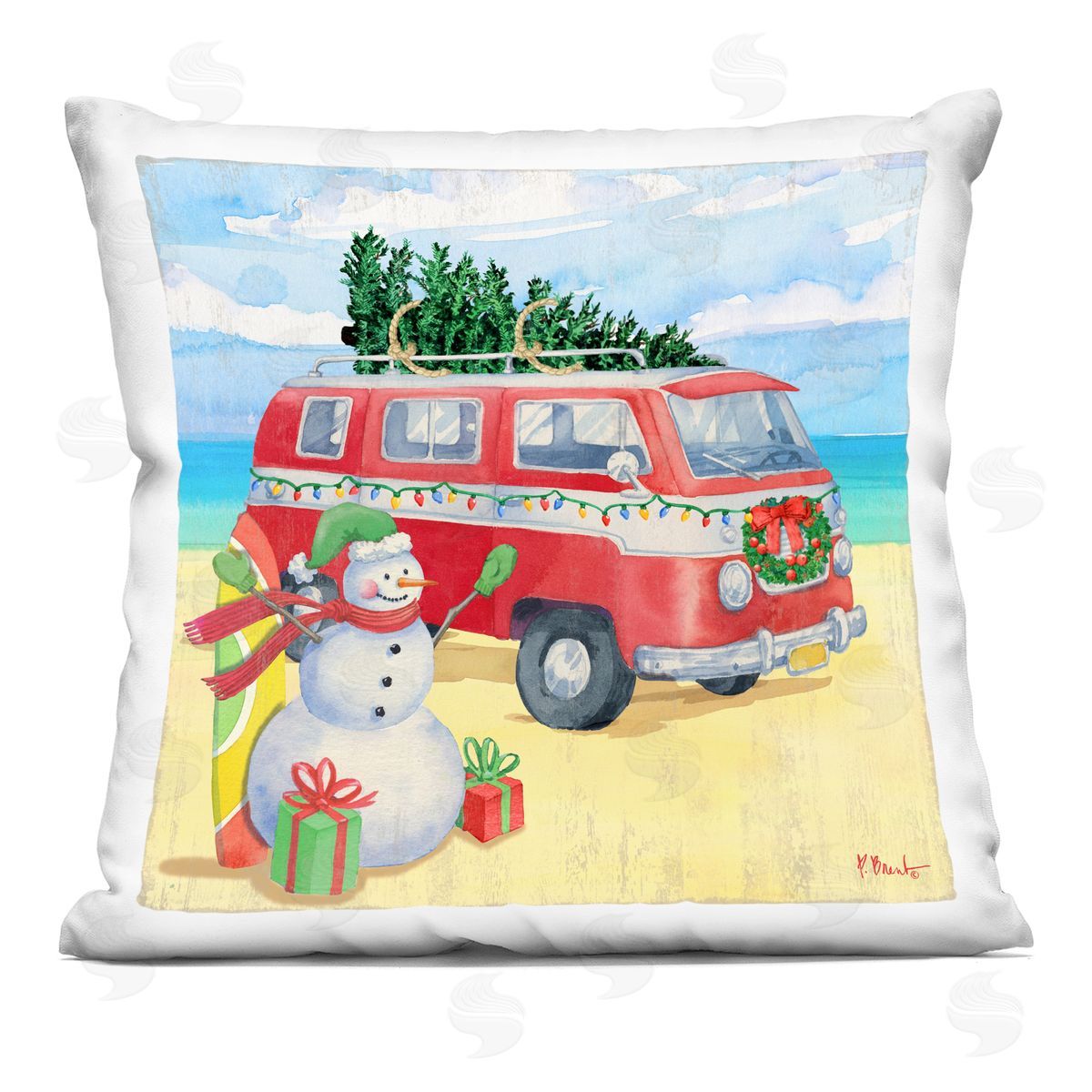 Holiday Christmas Beach Van Decorative Printed Pillow, Home Decor by Paul Brent