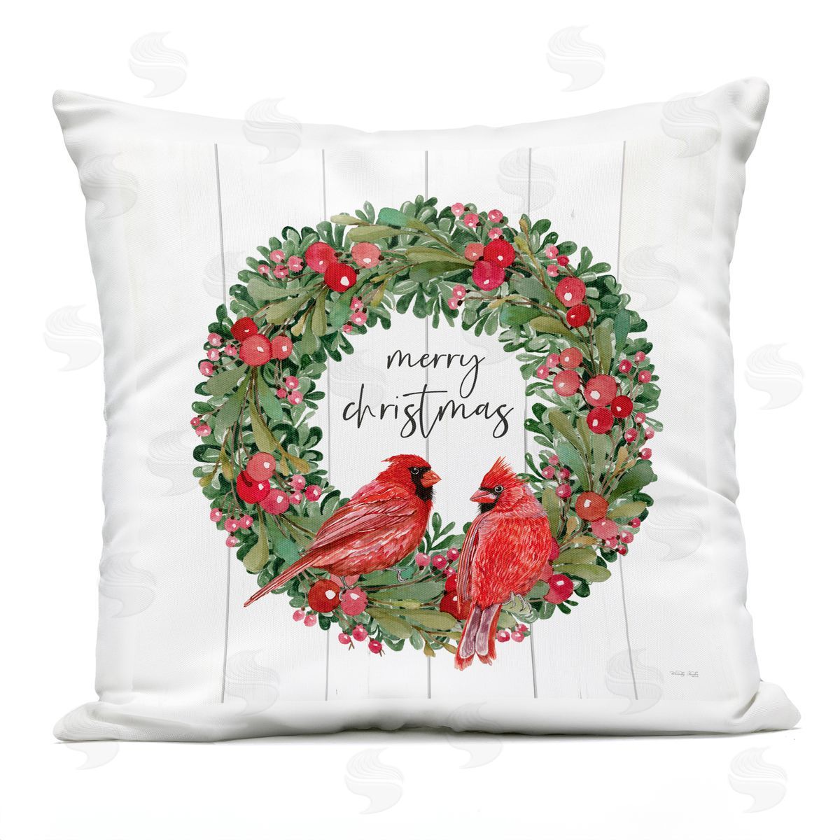 Merry Christmas Cardinal Wreath Outdoor Printed Pillow, Home Decor by Cindy Jacobs