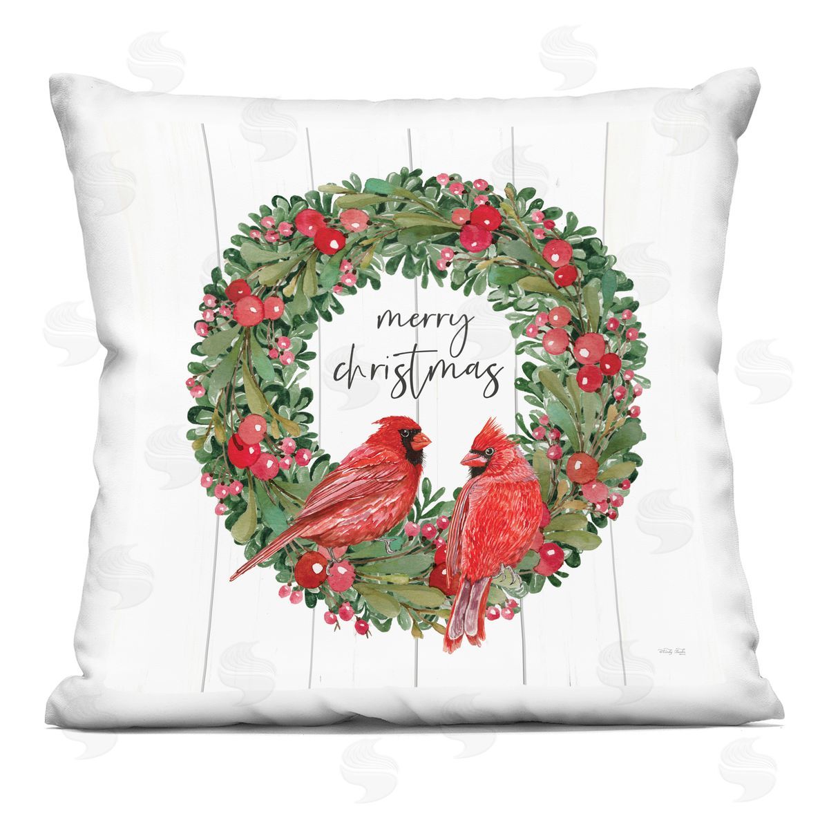 Merry Christmas Cardinal Wreath Decorative Printed Pillow, Home Decor by Cindy Jacobs