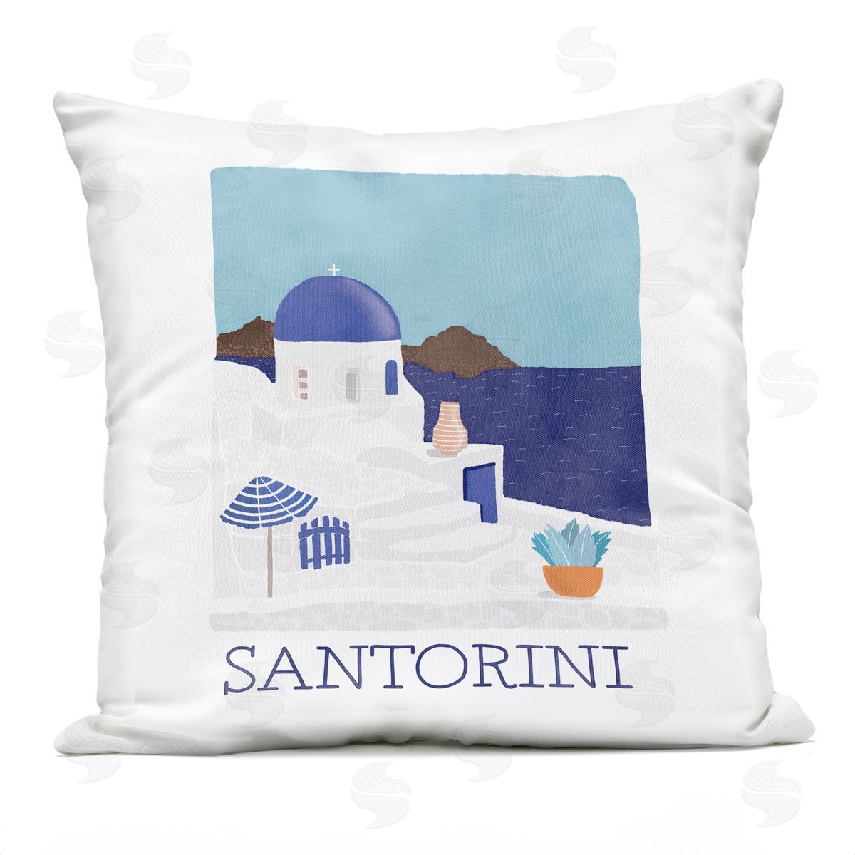 Santorini Summer Island Vacation Outdoor Printed Pillow, Home Decor by Darlene Seale