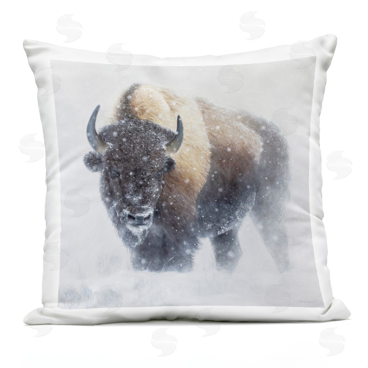 Snowy Bison Winter Wildlife Outdoor Printed Pillow, Home Decor by James Corwin
