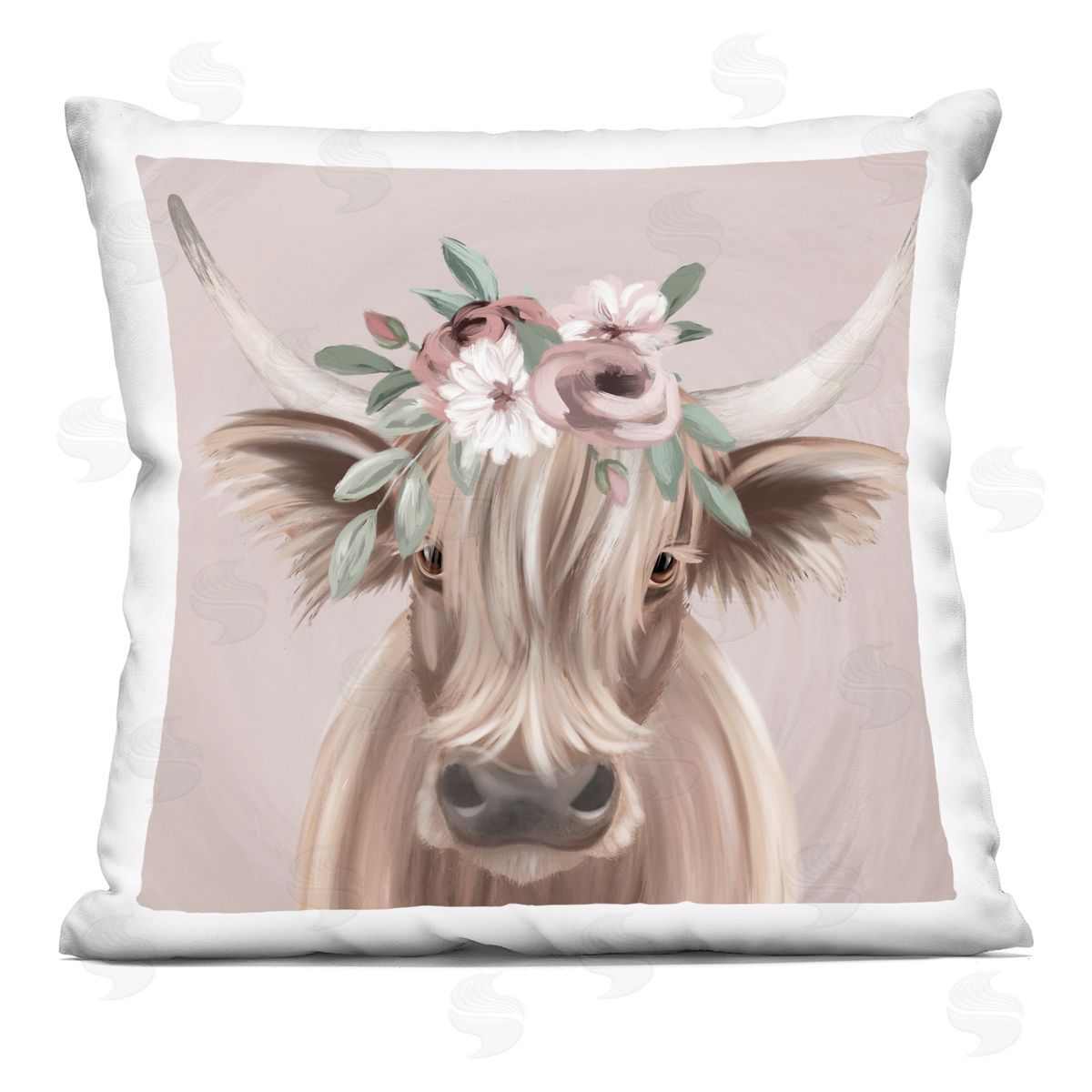 Fluffy Cattle Flower Crown Decorative Printed Pillow, Home Decor by Jo Taylor