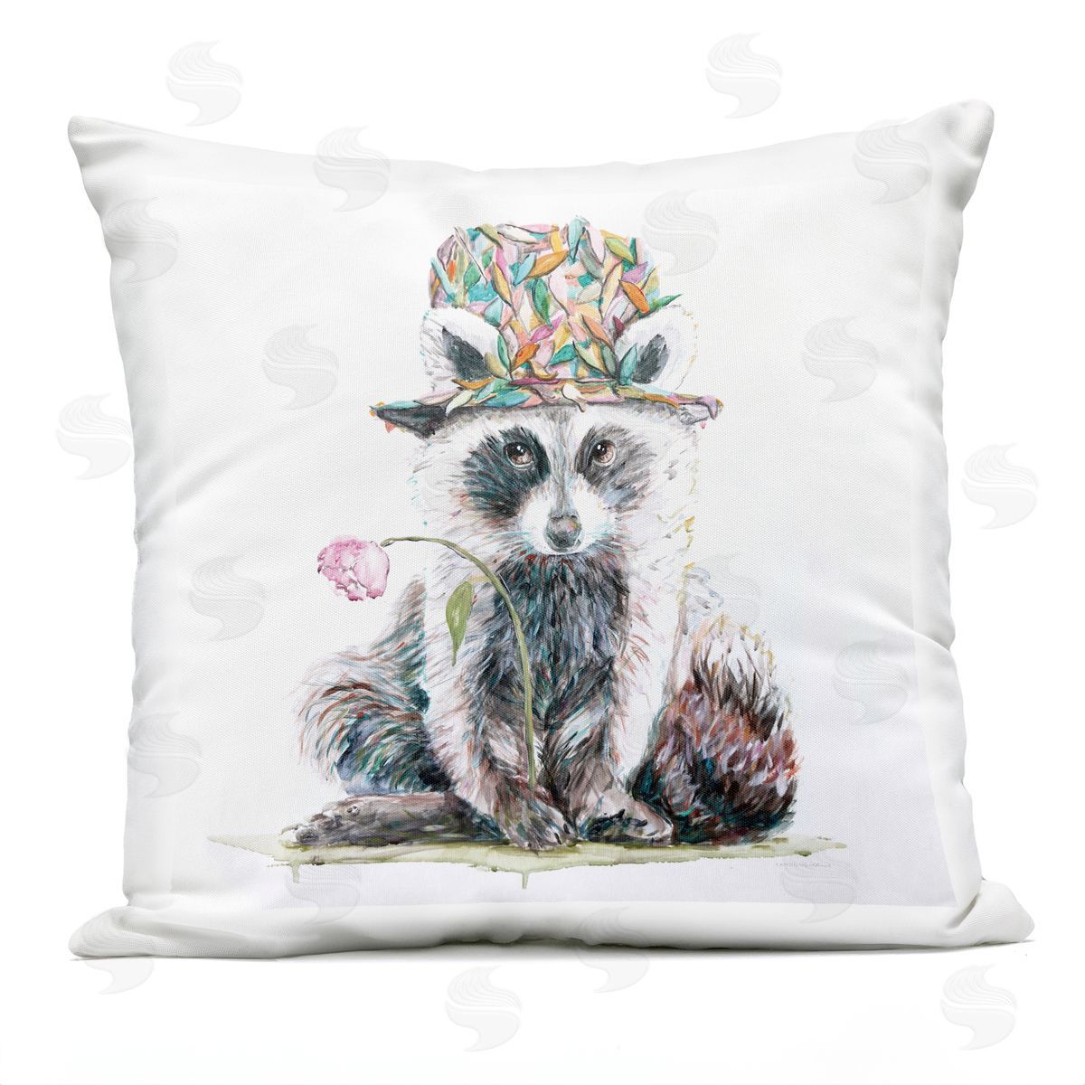 Raccoon Hat Pink Flower Outdoor Printed Pillow, Home Decor by Kamdon Kreations