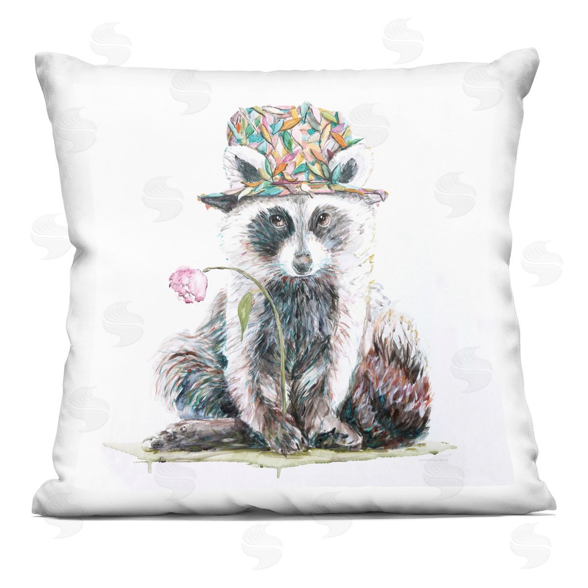 Raccoon Hat Pink Flower Decorative Printed Pillow, Home Decor by Kamdon Kreations