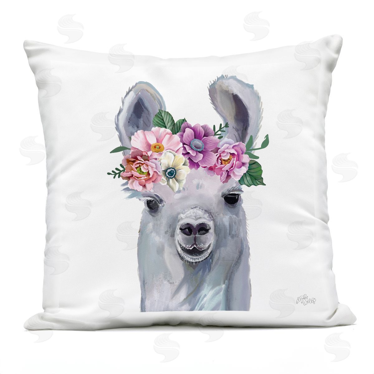 MakeWells Happy Llama Floral Crown Outdoor Quick-Dry Polyester Printed Throw Pillow