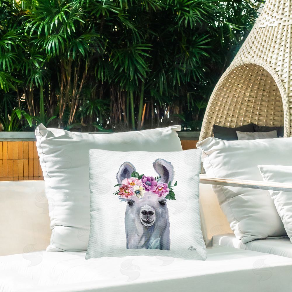 MakeWells Happy Llama Floral Crown Outdoor Quick-Dry Polyester Printed Throw Pillow in Back Yard