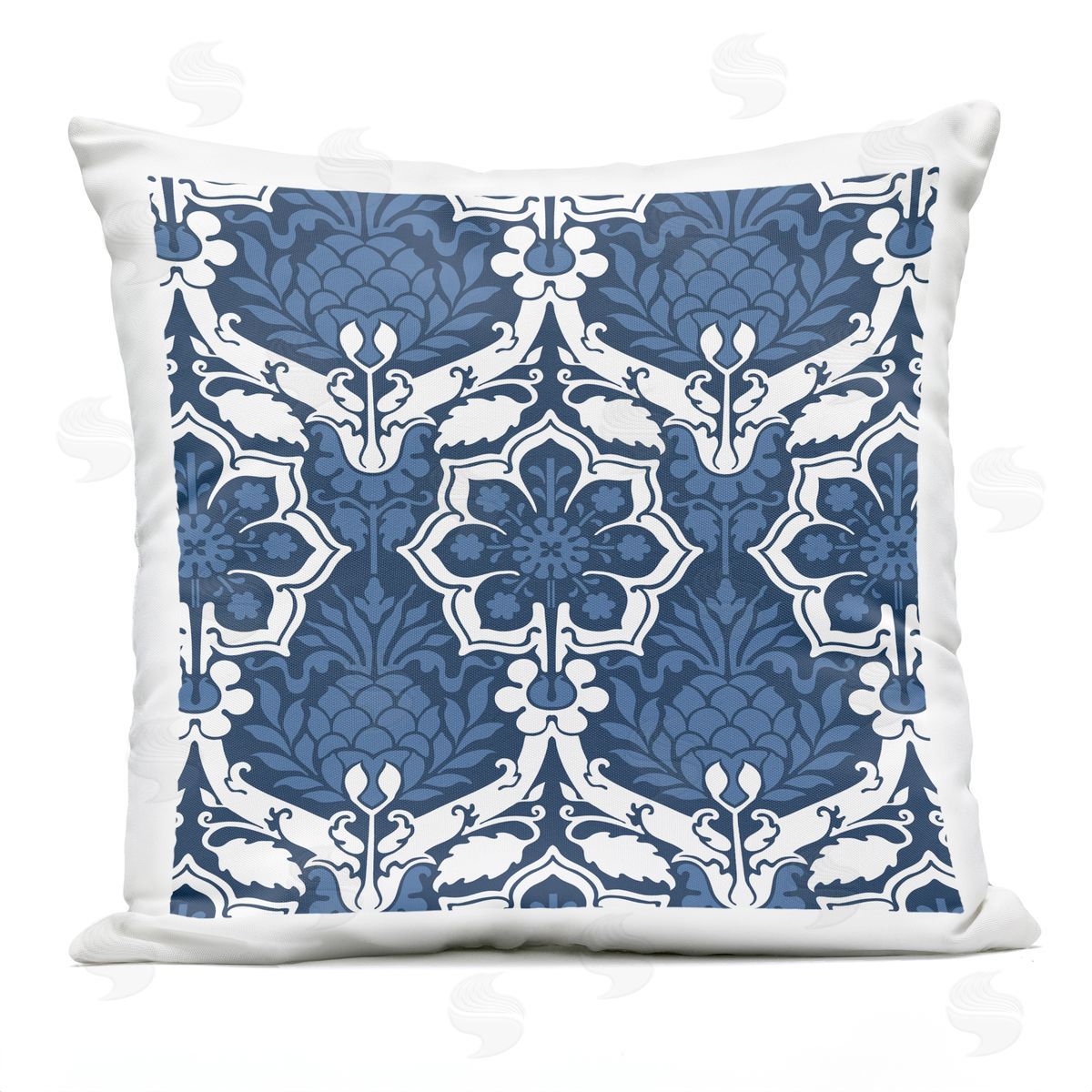 Blue White Damask Pattern Outdoor Printed Pillow, Home Decor by Geoff Tygert