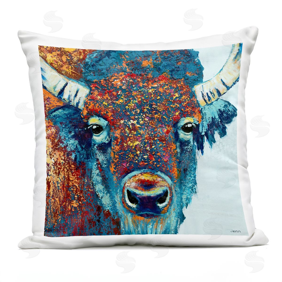 Rural Bison Vivid Portrait Outdoor Printed Pillow, Home Decor by Jen Seeley