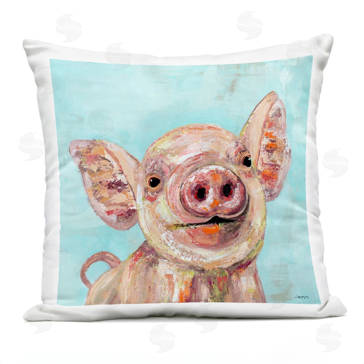 Country Farm Pig Blue Portrait Outdoor Printed Pillow, Home Decor by Jen Seeley