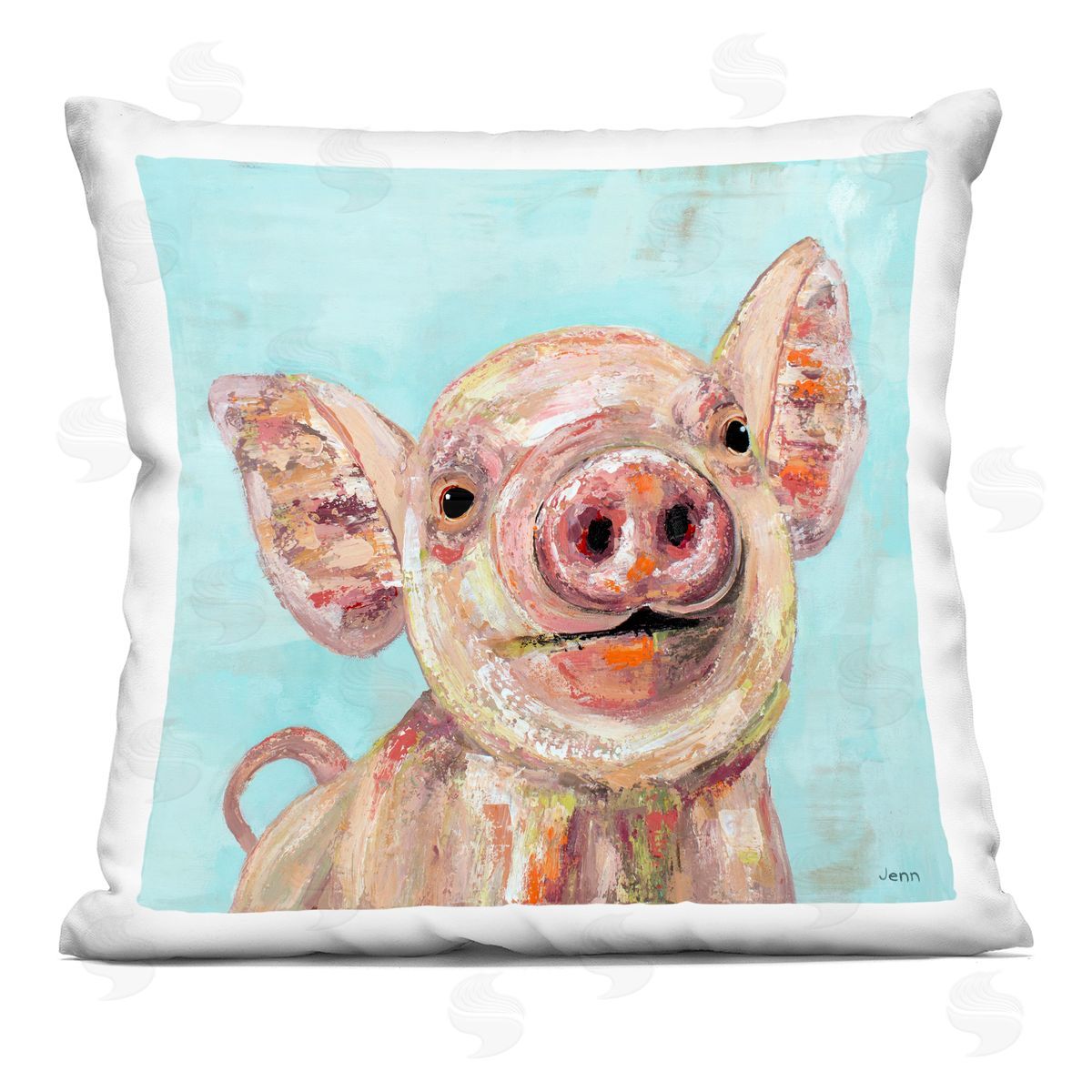 Country Farm Pig Blue Portrait Decorative Printed Pillow, Home Decor by Jen Seeley