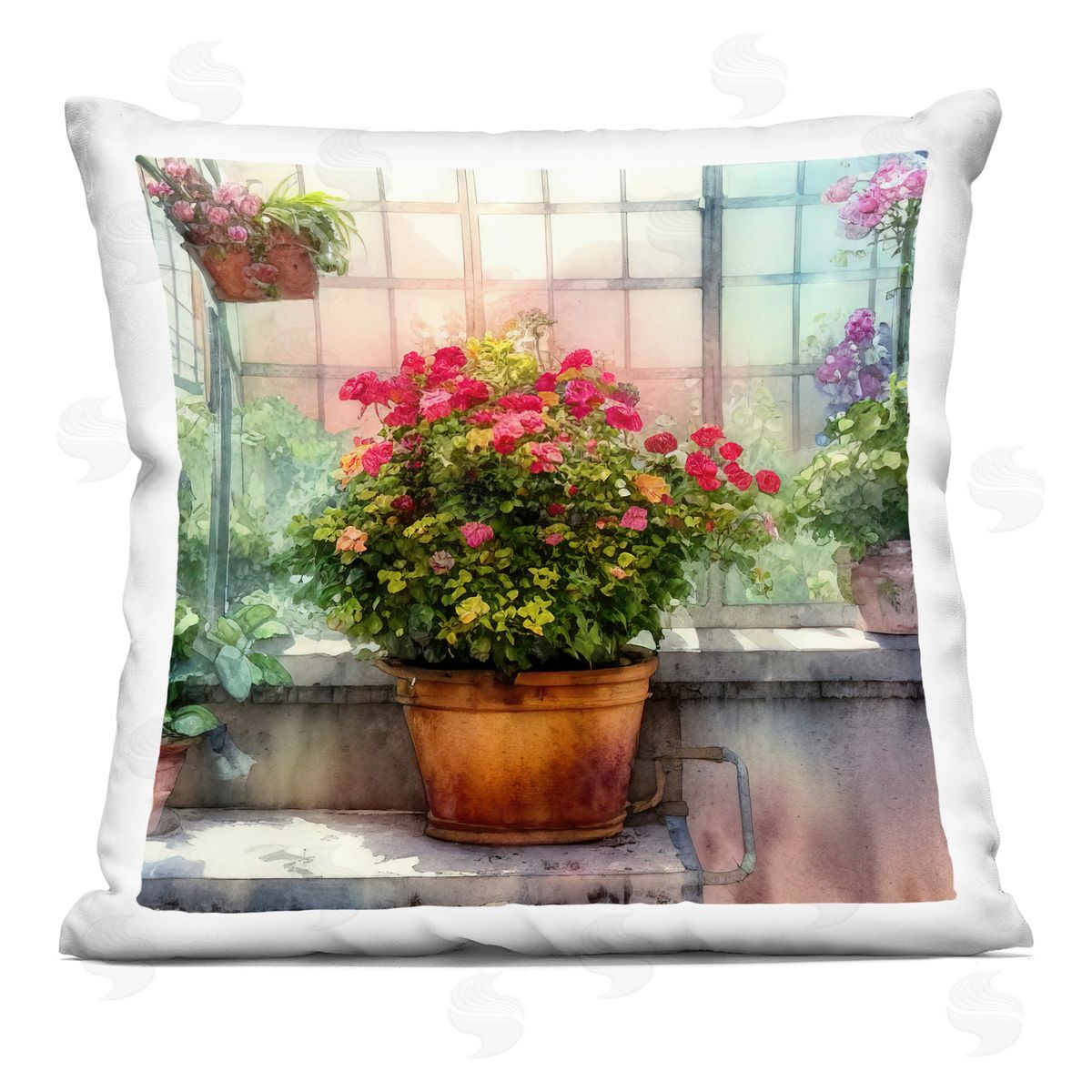 Sunlit Greenhouse Flower Garden Decorative Printed Pillow, Home Decor by Alpenglow Workshop