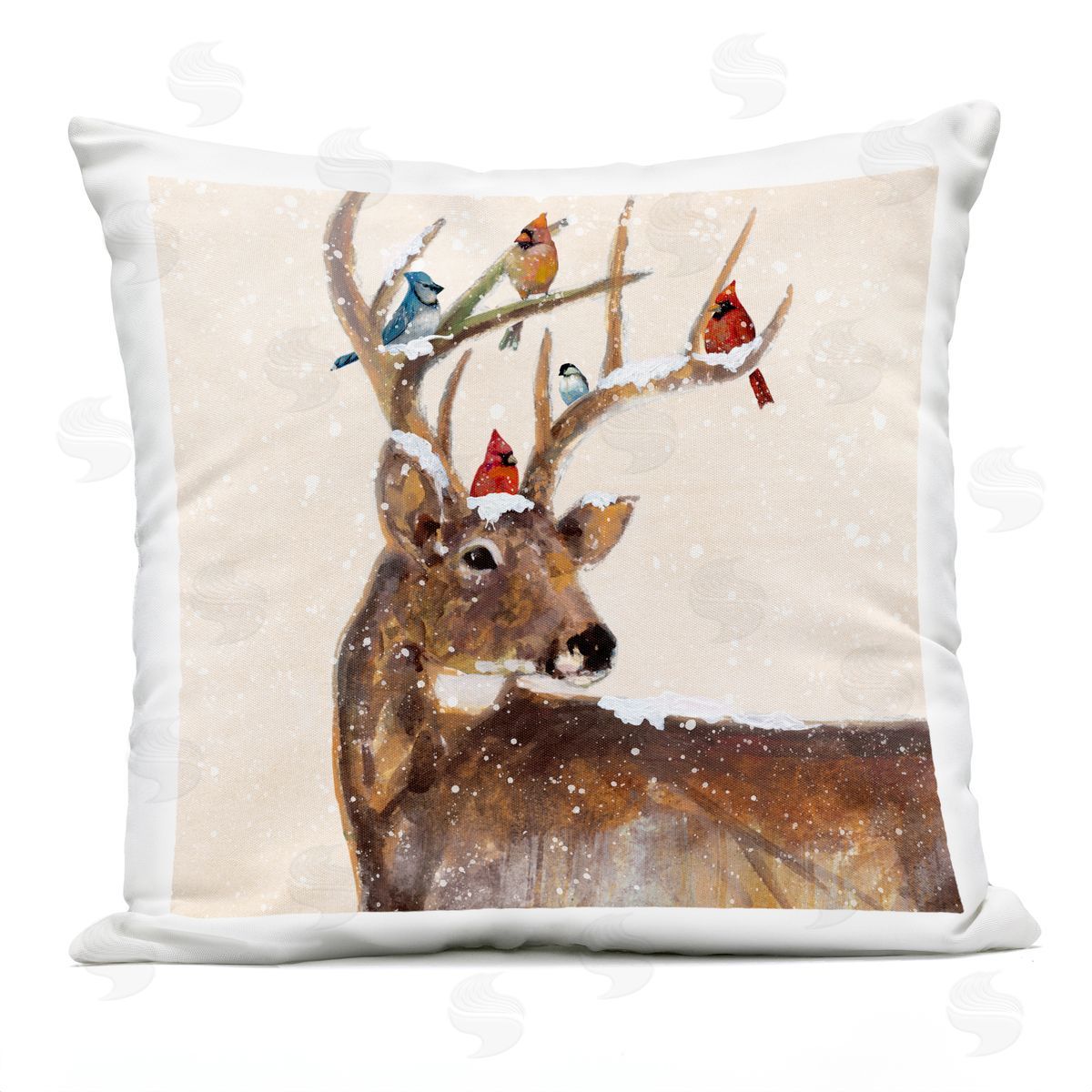 Snowy Birds Perched Reindeer Antlers Outdoor Printed Pillow, Home Decor by Ruane Manning