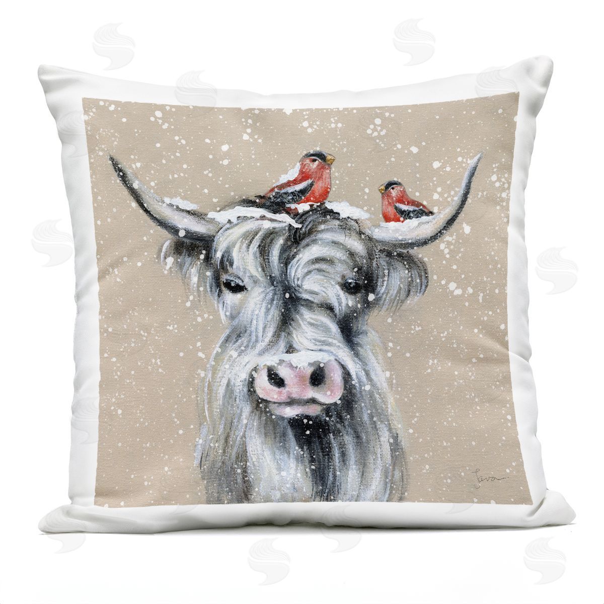 Winter Snowfall Birds Cattle Outdoor Printed Pillow, Home Decor by Janet Tava