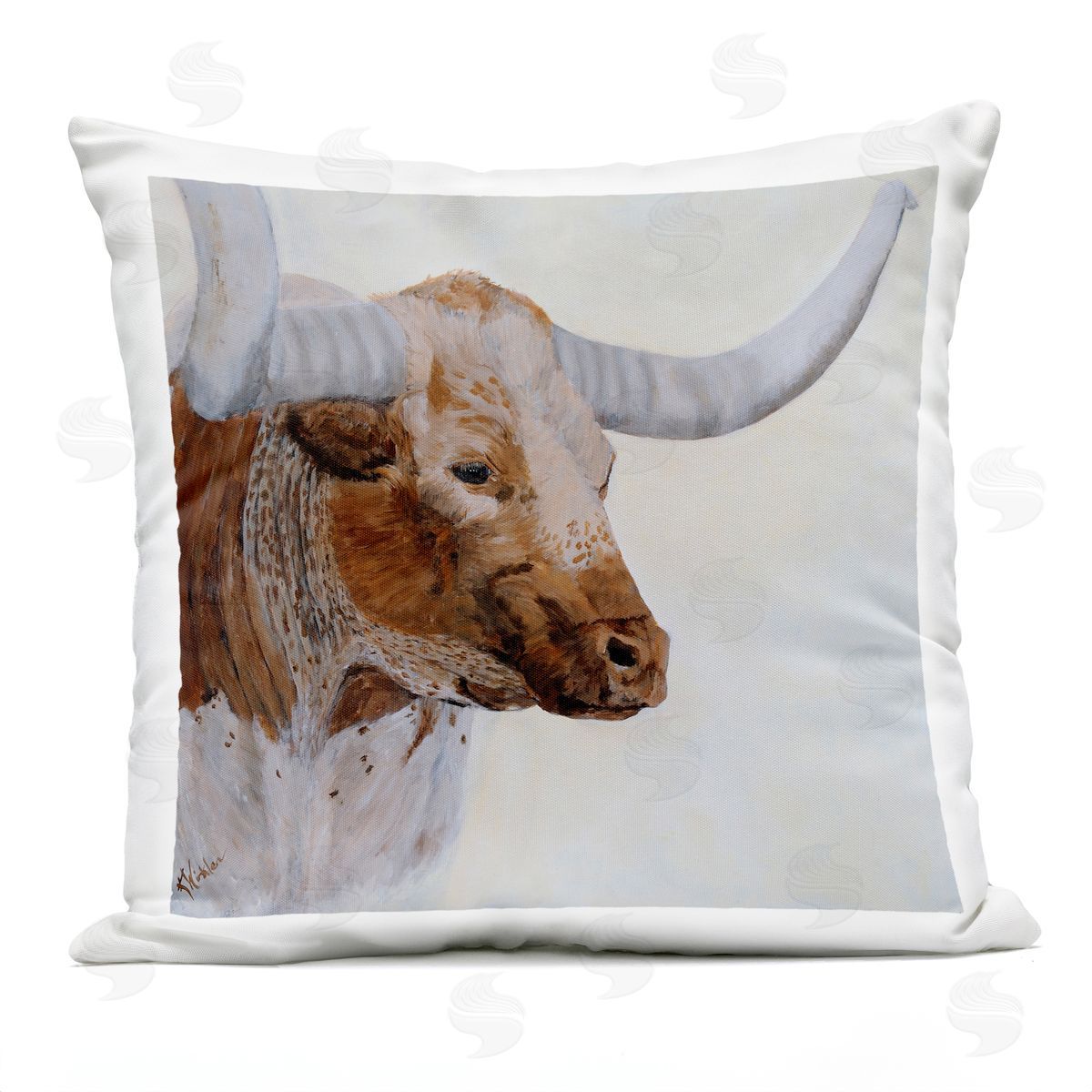 Stoic Longhorn Cattle Portrait Outdoor Printed Pillow, Home Decor by Kathy Winkler