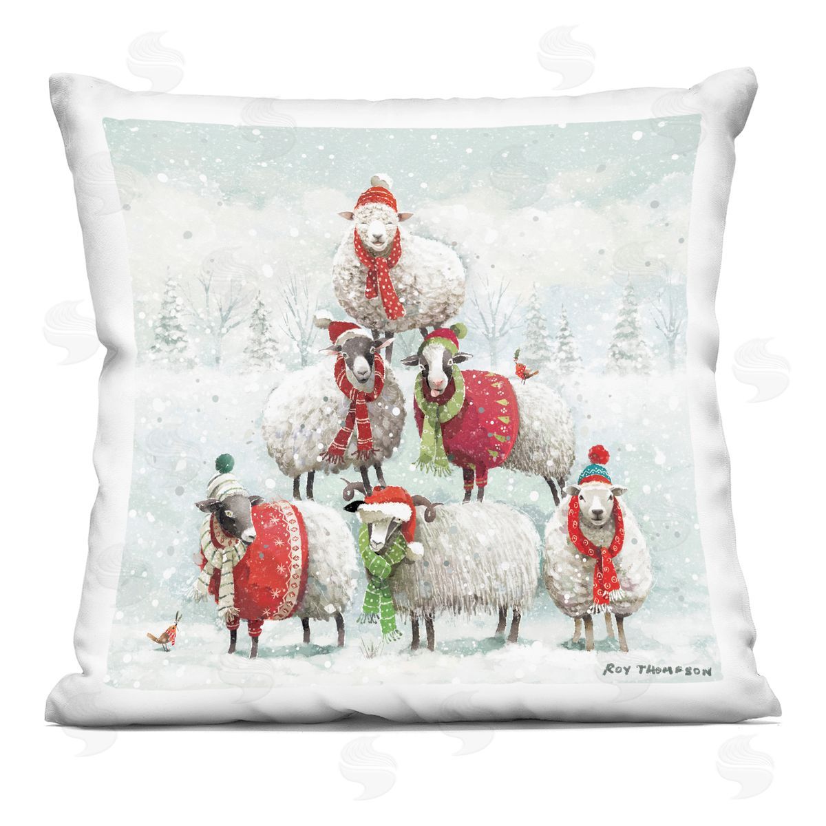 Winter Sheep Balancing Snow Scene Decorative Printed Pillow, Home Decor by Roy Thompson
