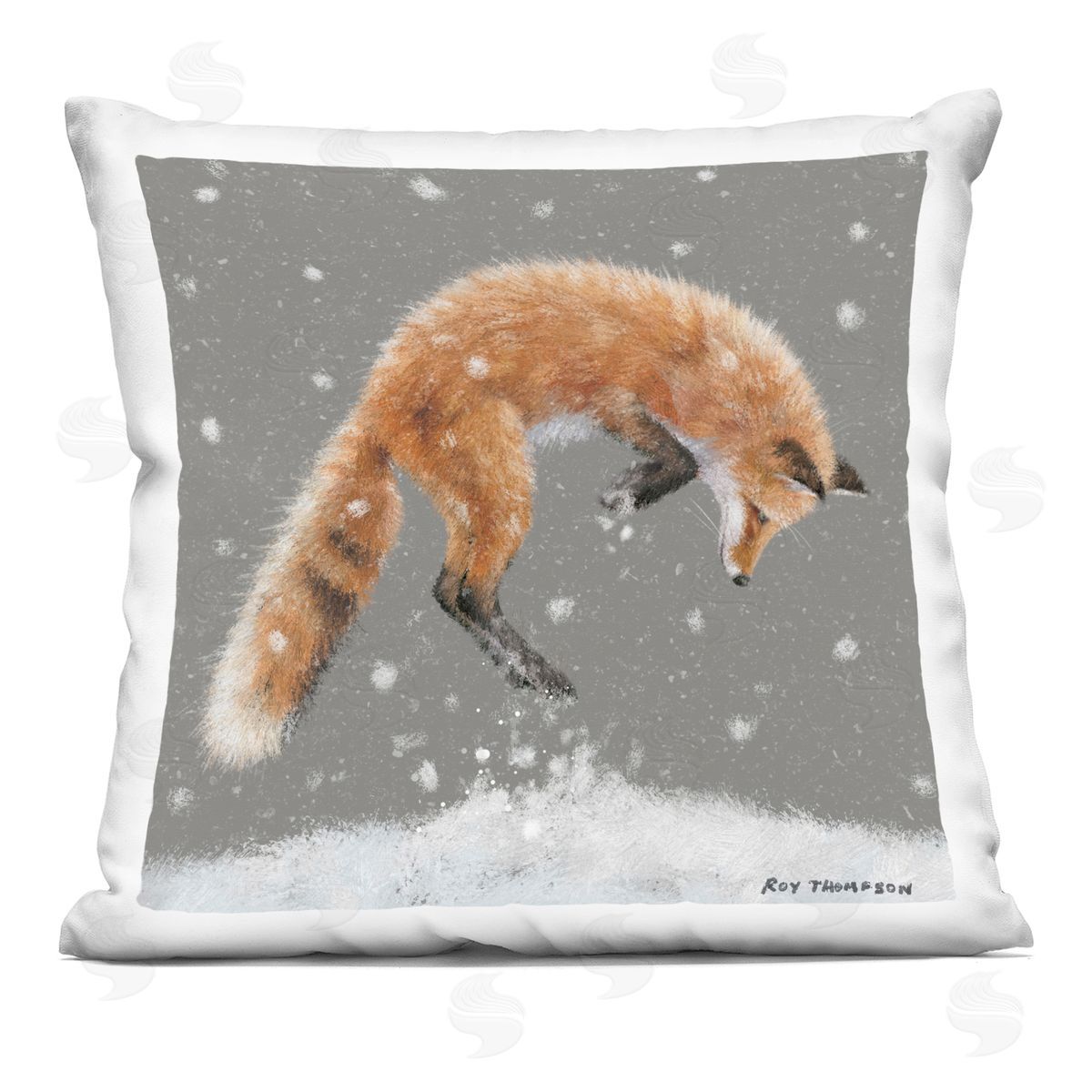 Jumping Fox Snowy Winter Scene Decorative Printed Pillow, Home Decor by Roy Thompson